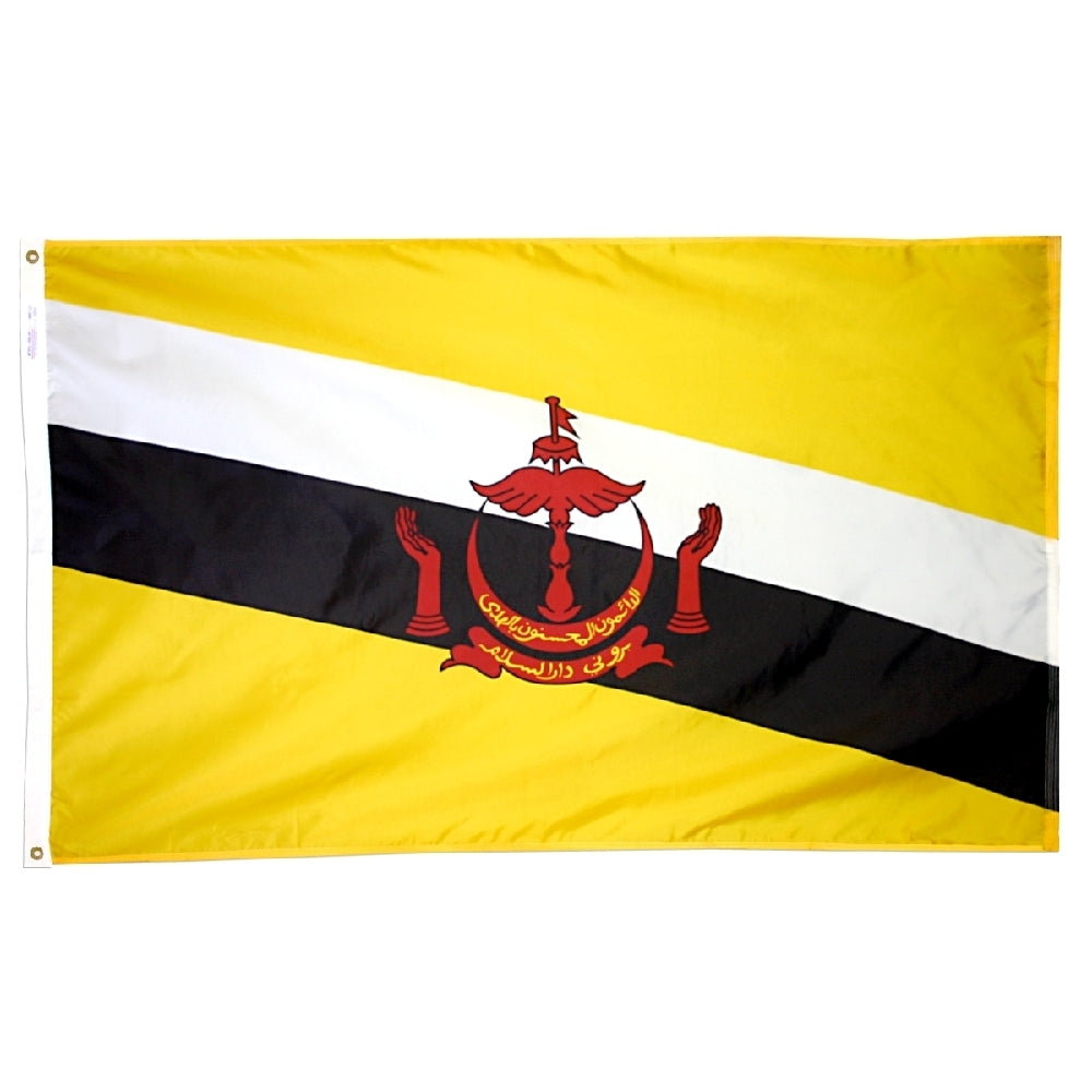 Brunei Flag 3x5 ft. Nylon SolarGuard Nyl-Glo 100% Made in USA to Official United Nations Design Specifications.