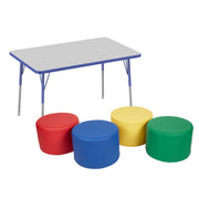 30" x 48" Rectangle T-Molding Activity Table with Standard Swivel Legs and Round Ottomans 12" Height, 5-Piece Set - Gray/Blue/Assorted