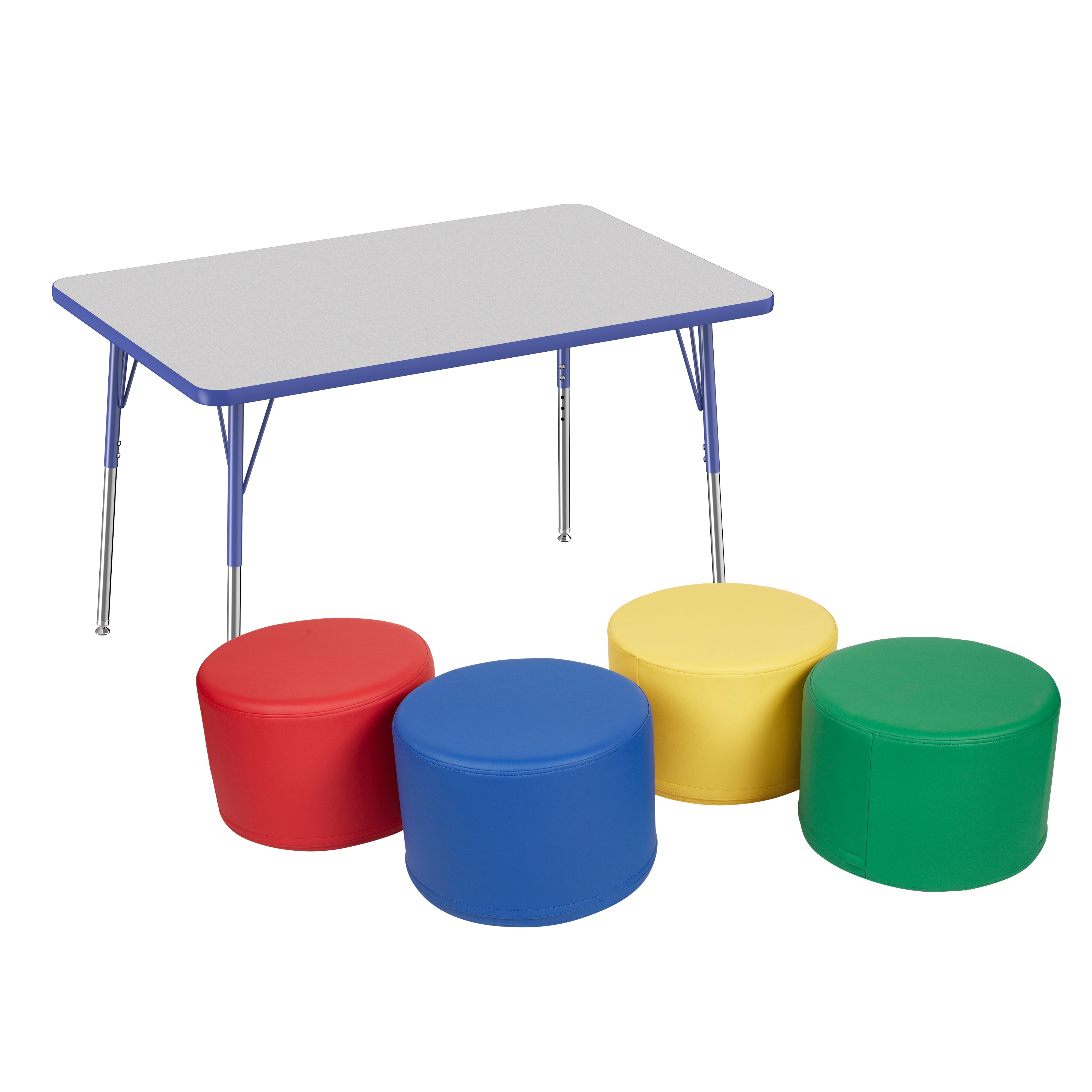 30" x 48" Rectangle T-Molding Activity Table with Standard Swivel Legs and Round Ottomans 12" Height, 5-Piece Set - Gray/Blue/Assorted