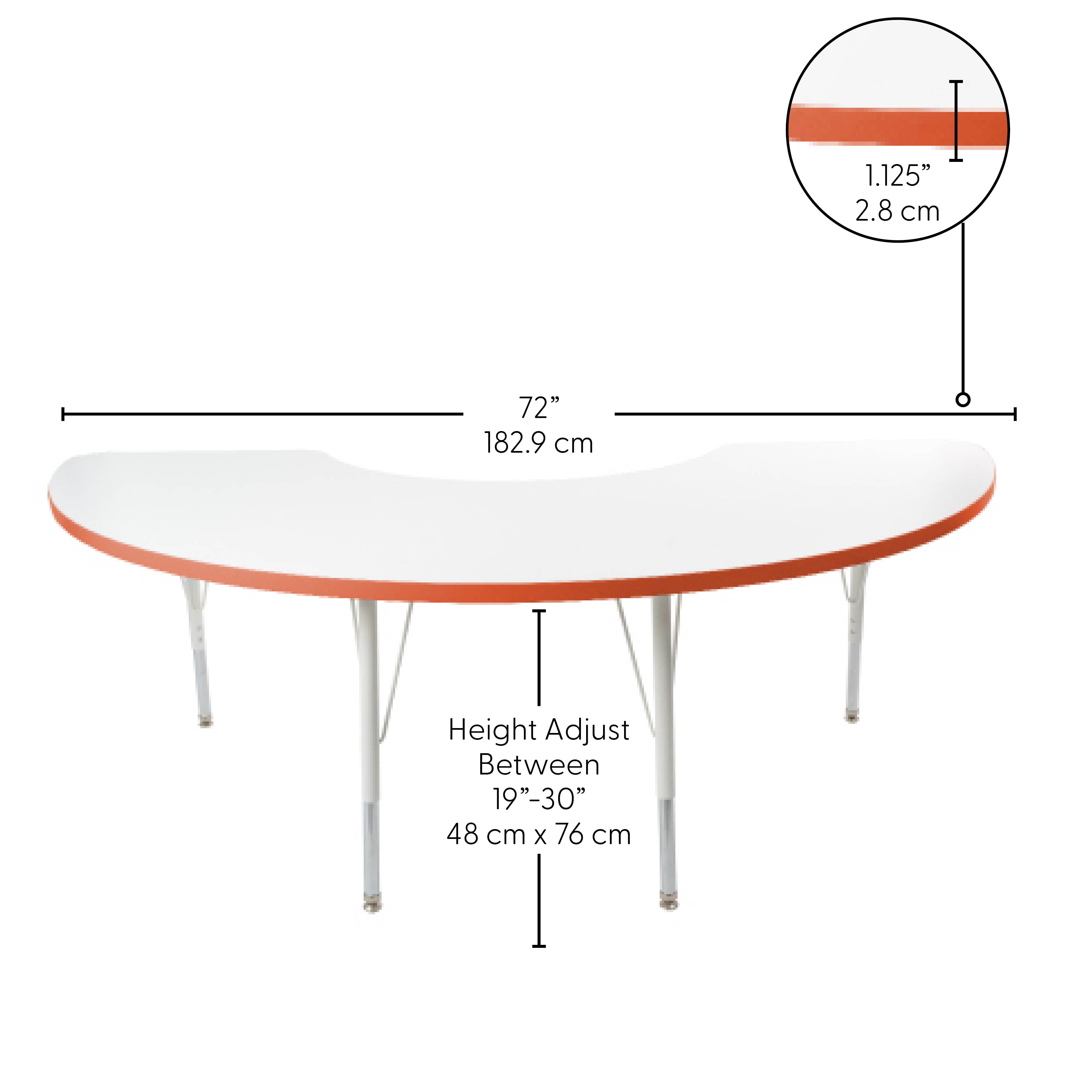 36" x 72" Half Moon Thermofused Activity Table with Adjustable Standard Swivel Glide Legs - White/Tangerine/White