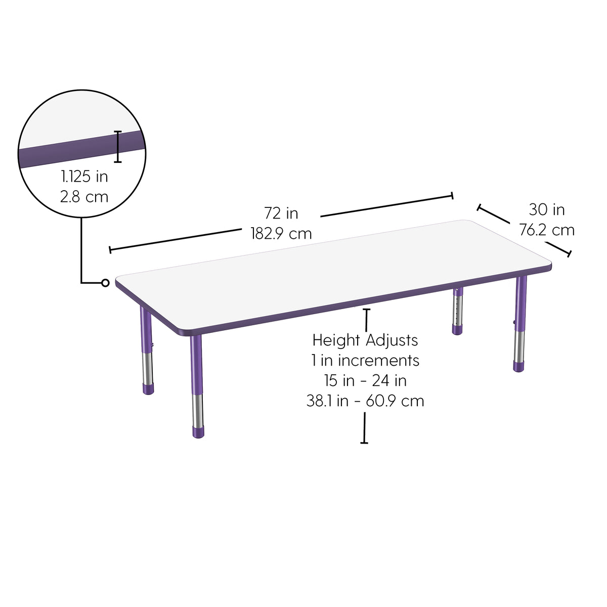 30" x 72" Rectangle Dry-Erase Activity Table with Adjustable Chunky Legs - Whiteboard/Eggplant/Purple
