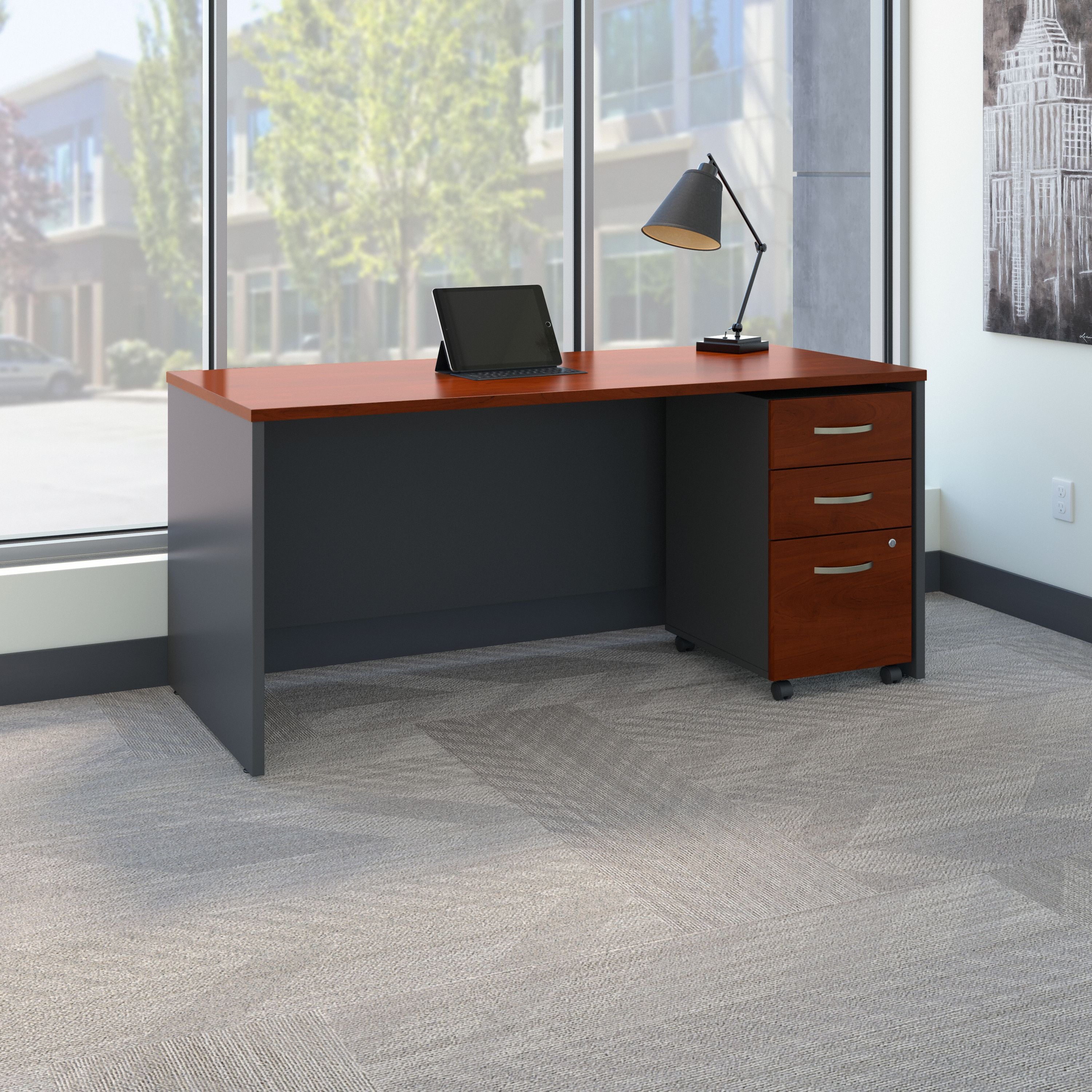 Bush Business Furniture Series C 66W x 30D Office Desk with Mobile File Cabinet in Hansen Cherry - 65.98" Width x 29.39" Depth x 29.8" Height