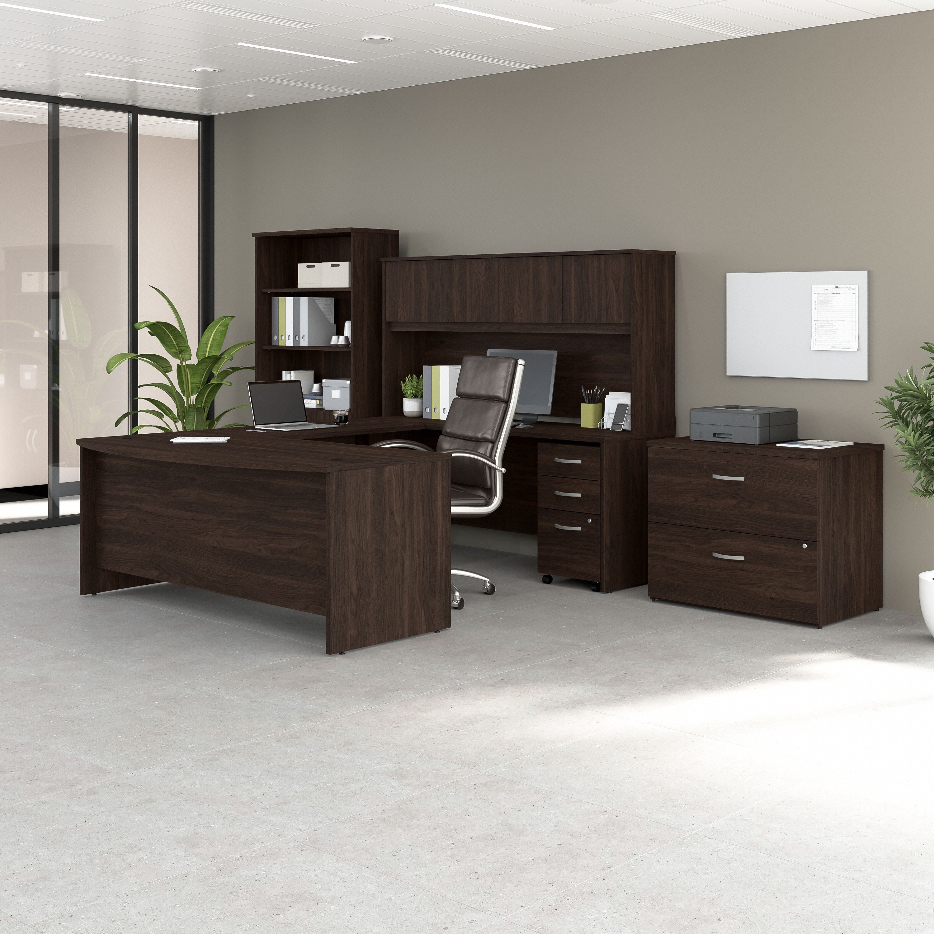 Bush Business Furniture Studio C 72W x 36D U Shaped Desk with Hutch, Bookcase and File Cabinets in Black Walnut - 71.02" Width x 100.43" Depth x 72.8" Height