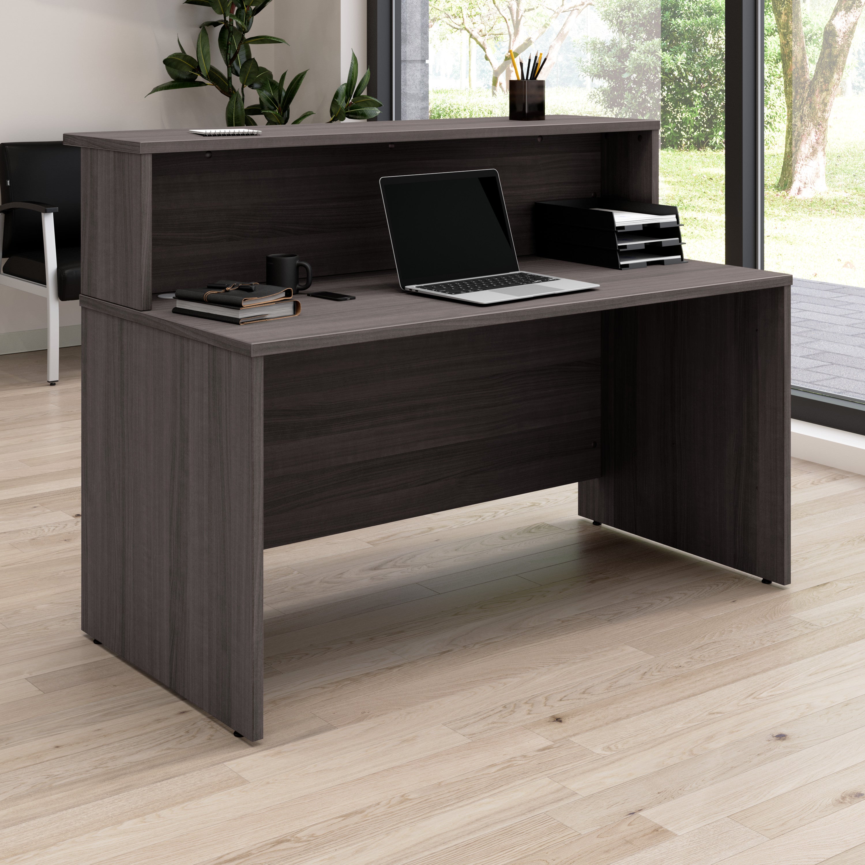 Bush Business Furniture Arrive 60W x 30D Reception Desk with Shelf in Storm Gray - 59.45" Width x 29.37" Depth x 43.71" Height