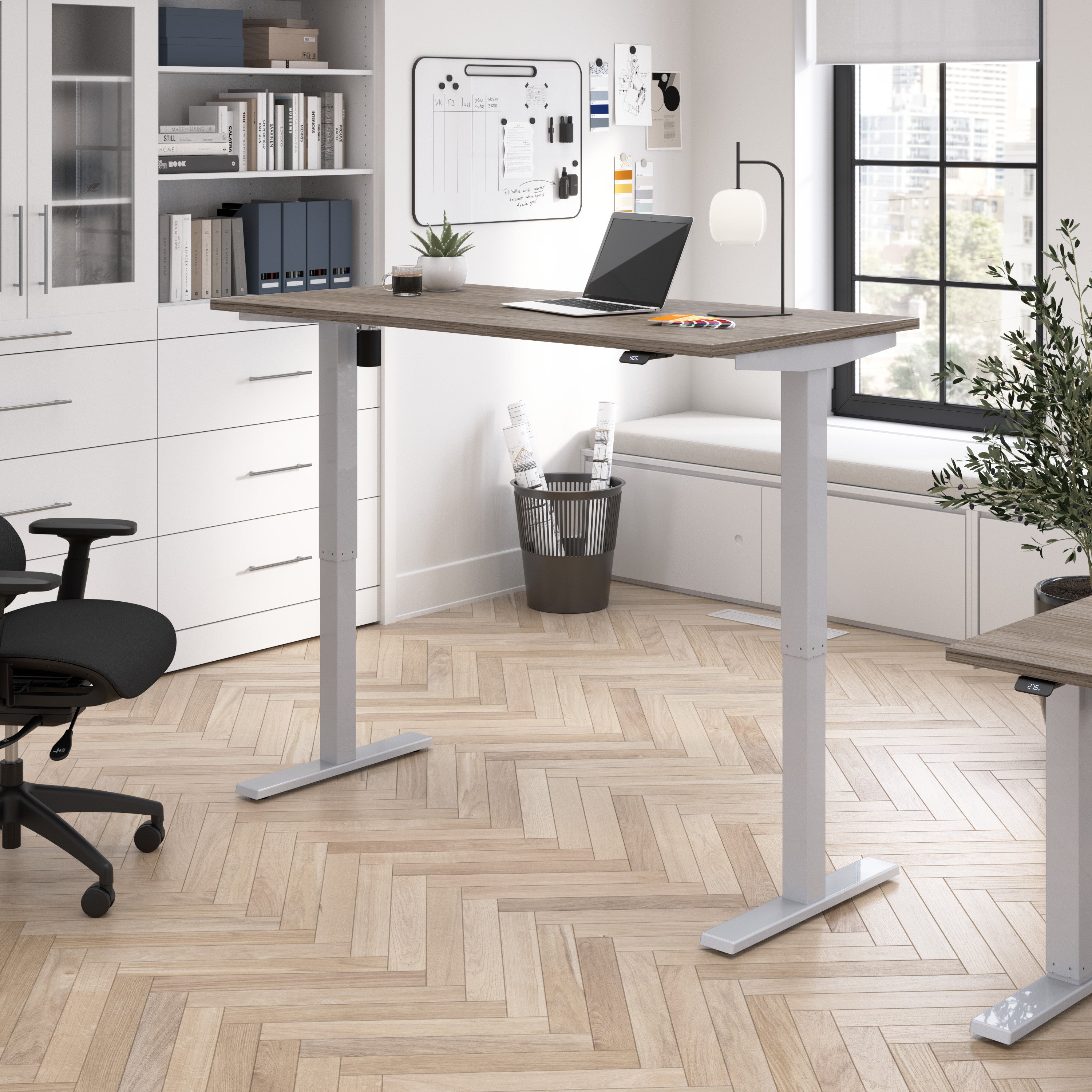 Bush Business Furniture Move 40 Series 60W x 30D Electric Height Adjustable Standing Desk in Modern Hickory with Metallic Gray Base - 59.45" Width x 29.37" Depth x 28.17" Height