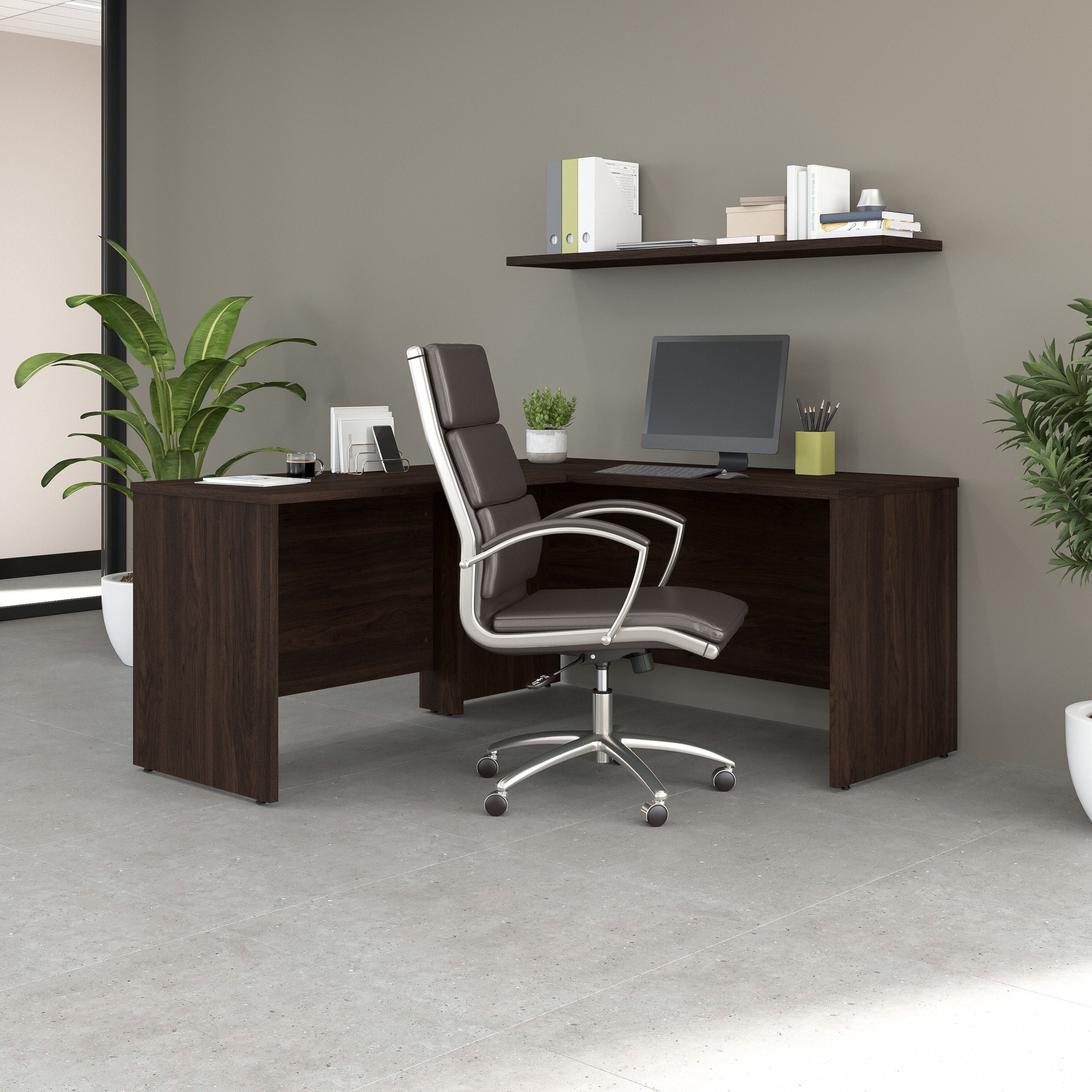 Bush Business Furniture Studio C 60W x 24D L Shaped Desk with 42W Return in Black Walnut - 59.45" Width x 65" Depth x 29.84" Height