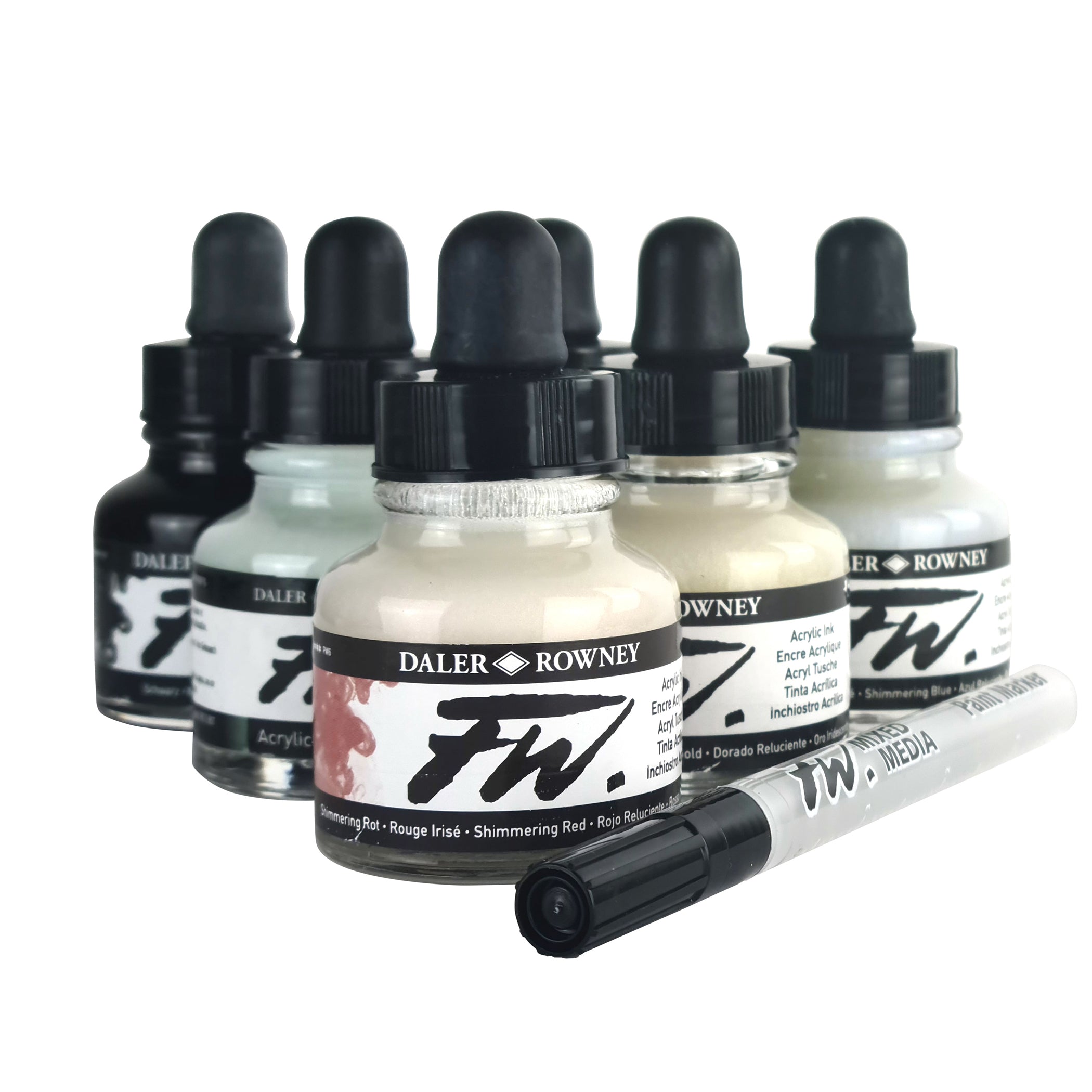 FW Acrylic Ink Shimmering Set with Empty Marker, Assorted Colors, 29.5ml, 6 Pieces