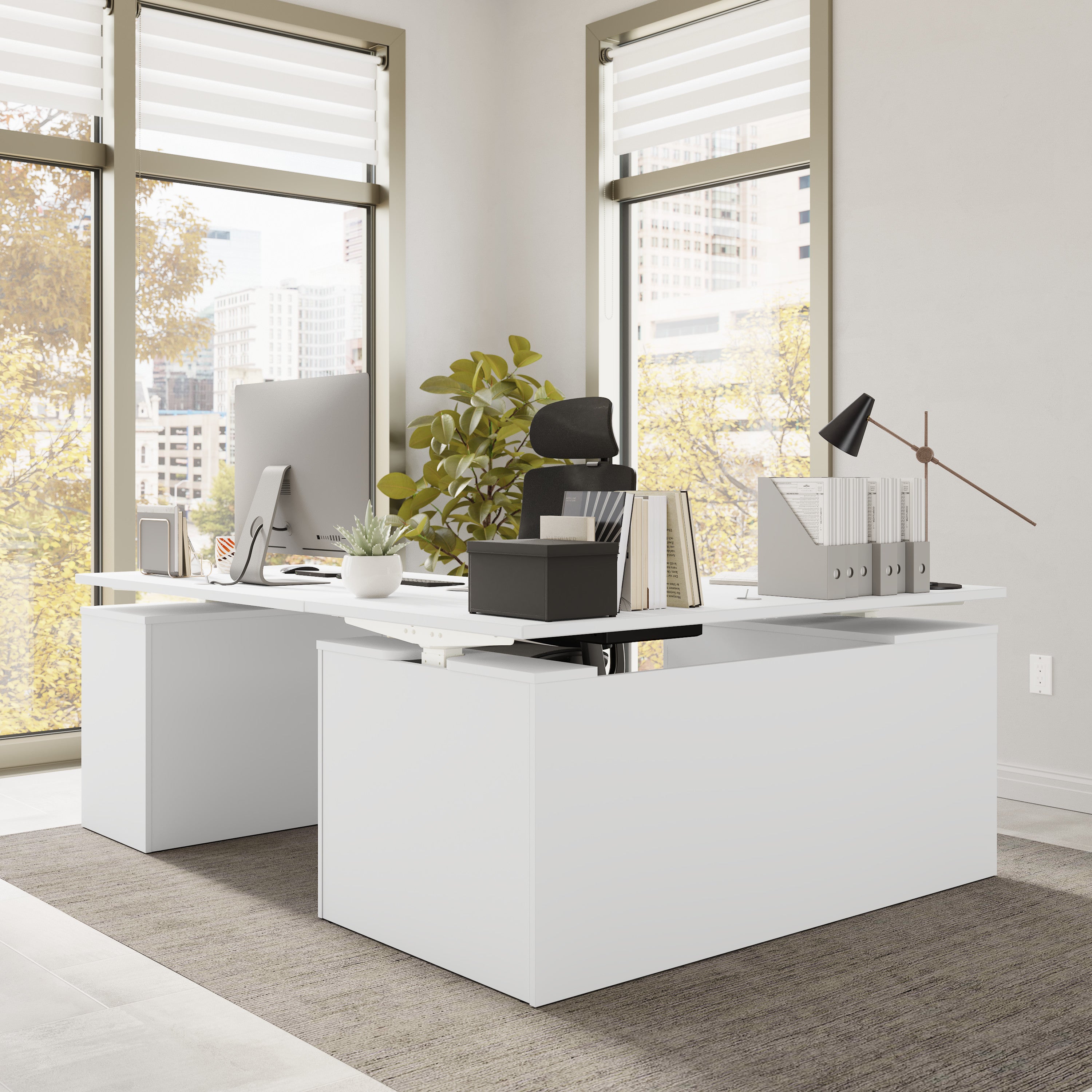 Bush Business Furniture Stratus&nbsp;60W x&nbsp;78D Height Adjustable L Shaped Standing Desk with Drawers in White with White Base - 59.45" Width x 76.97" Depth x 27.44" Height