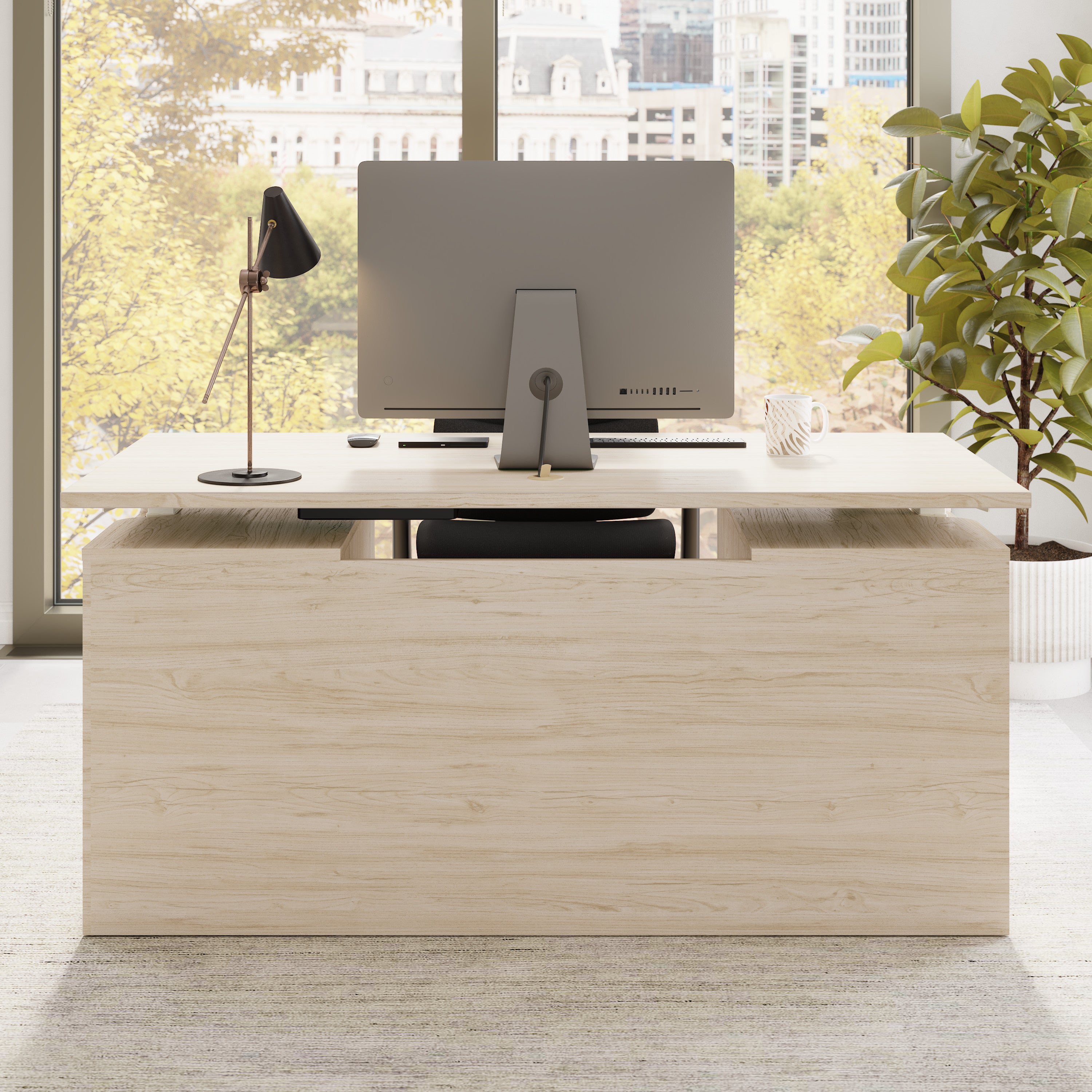 Bush Business Furniture Stratus&nbsp;60W x&nbsp;30D Electric Standing Desk with Drawers and Modesty Panel in Natural Elm with White Base - 59.45" Width x 29.37" Depth x 27.44" Height