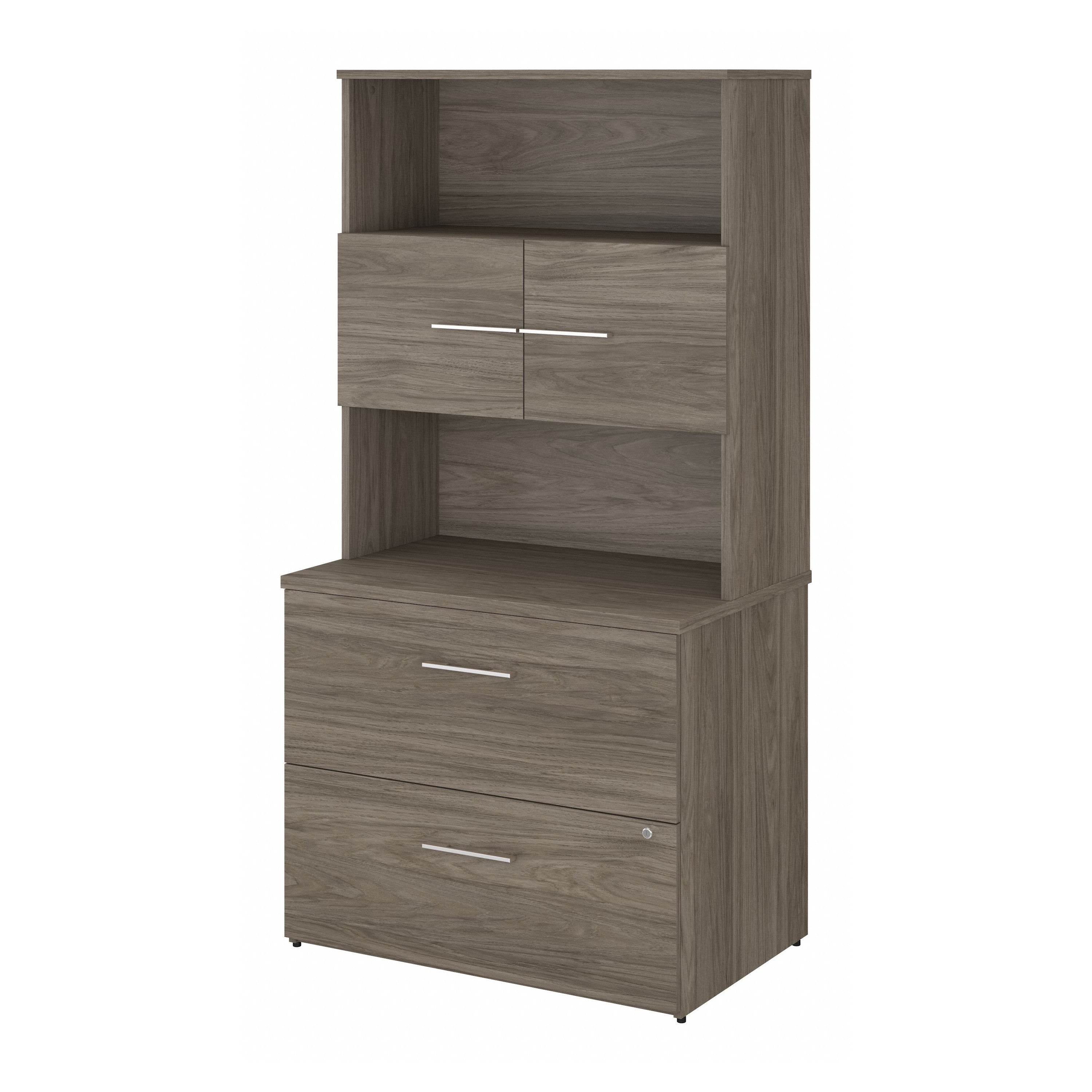 Bush Business Furniture Office 500 36W 2 Drawer Lateral File Cabinet with Hutch in Modern Hickory - 35.67" Width x 23.35" Depth x 70.09" Height