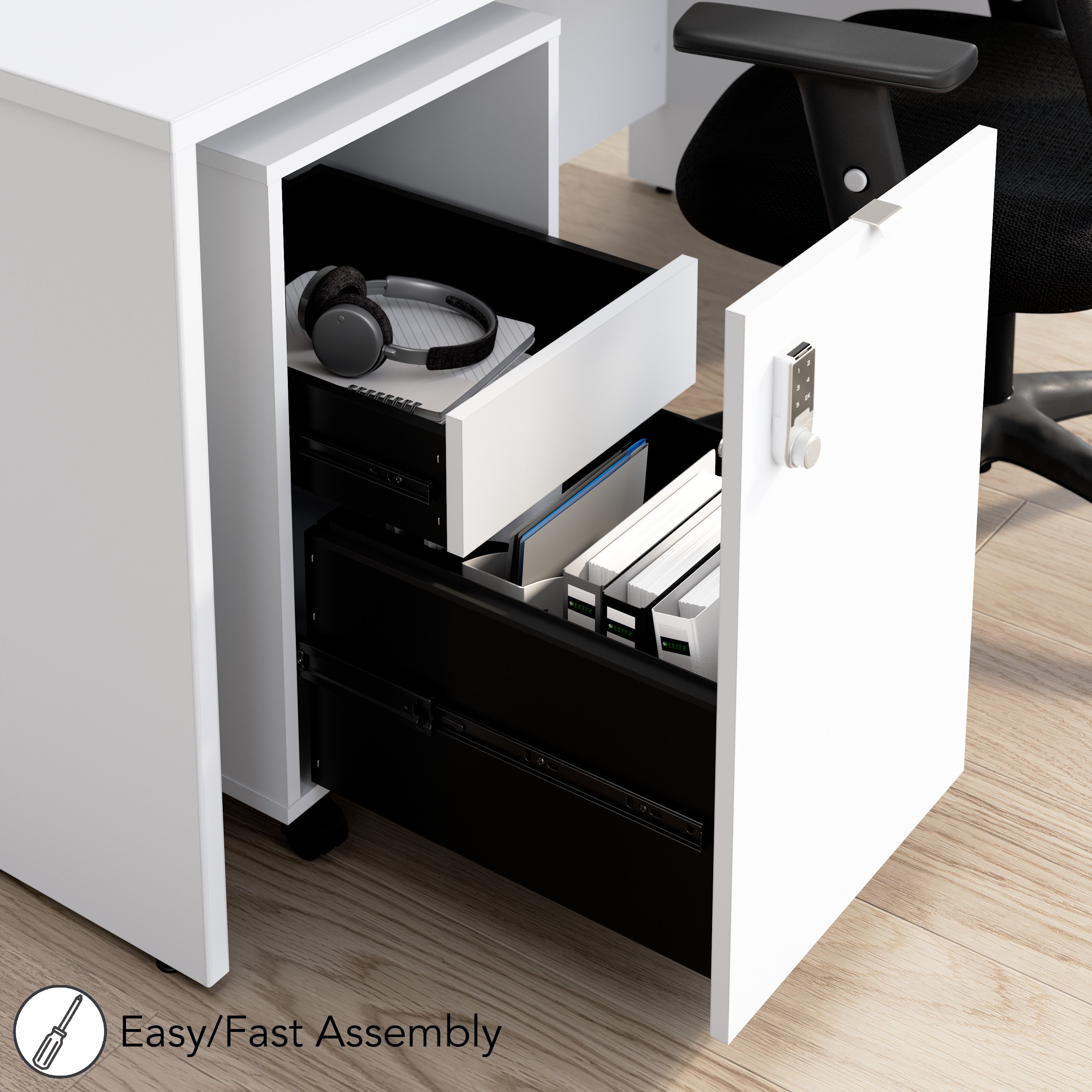 Bush Business Furniture Assure Mobile File Cabinet with Drawers and Keypad Lock in White - 15.65" Width x 20.24" Depth x 25.91" Height