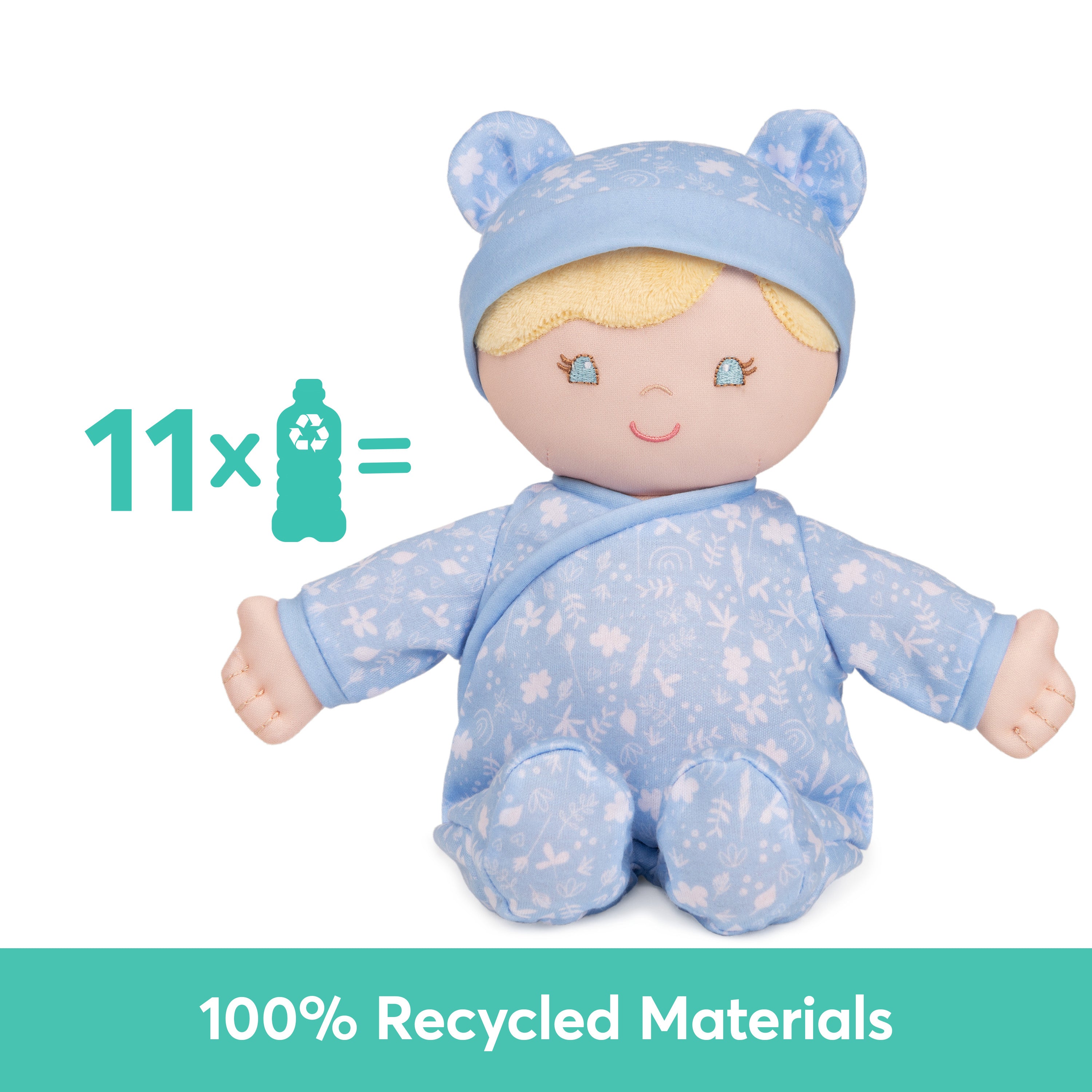 Baby GUND Sustainable Baby Doll, Plush Doll Made from Recycled Materials, For Babies and Newborns, Blue, 12”