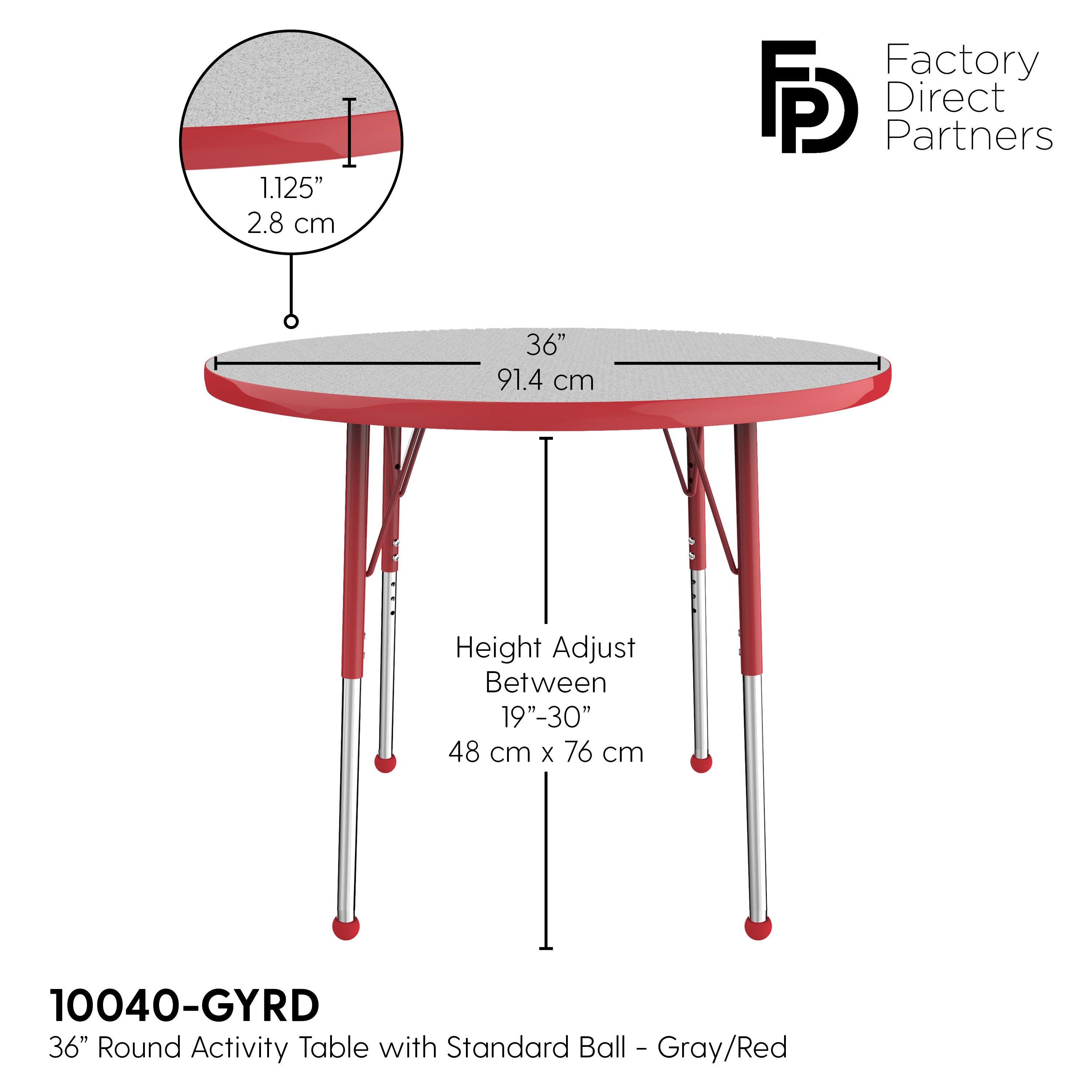 36" Round T-Molding Activity Table with Adjustable Standard Ball Glide Legs - Gray/Red