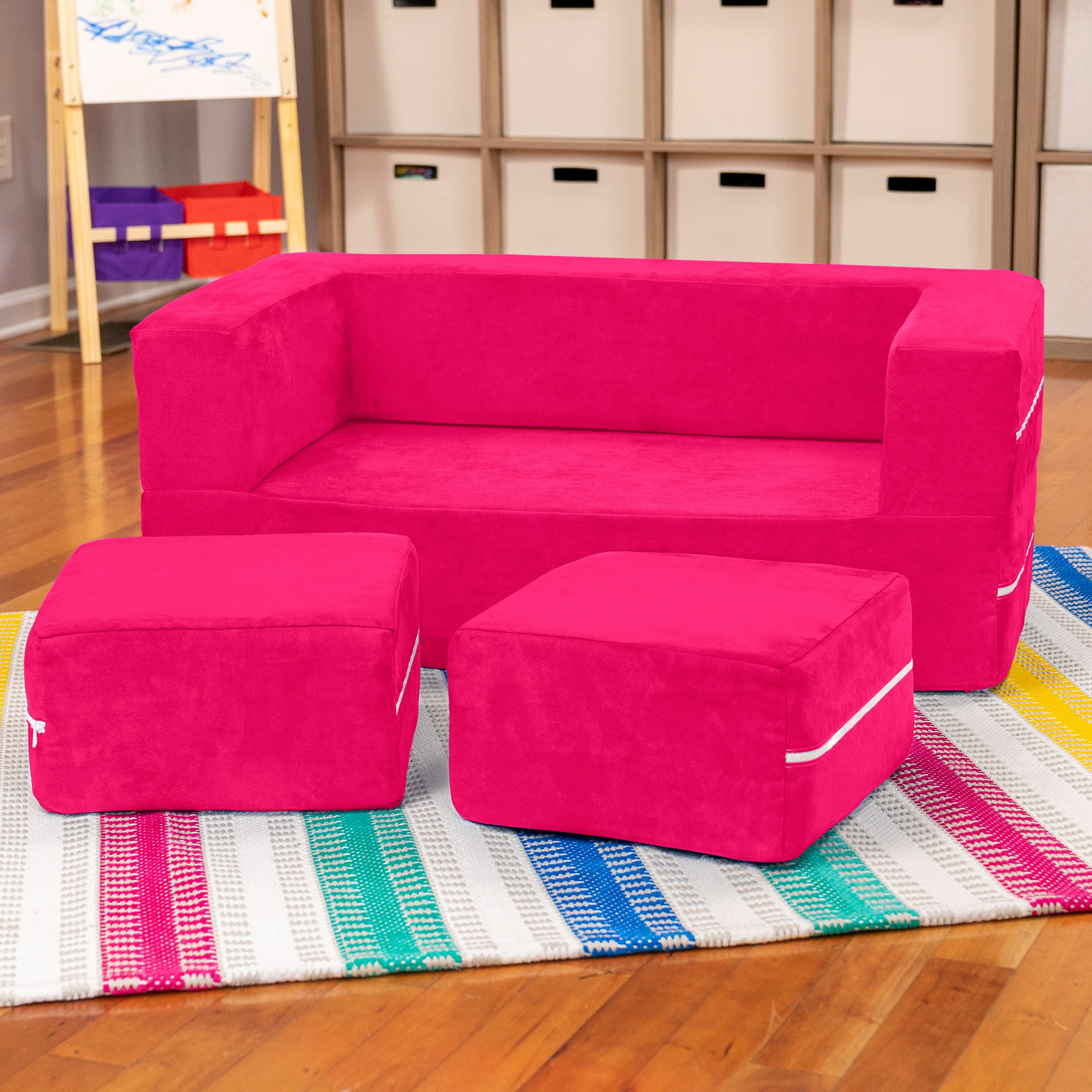 Jaxx Zipline Kids Modular Loveseat & Ottomans, Fold Out Lounger, Fuchsia