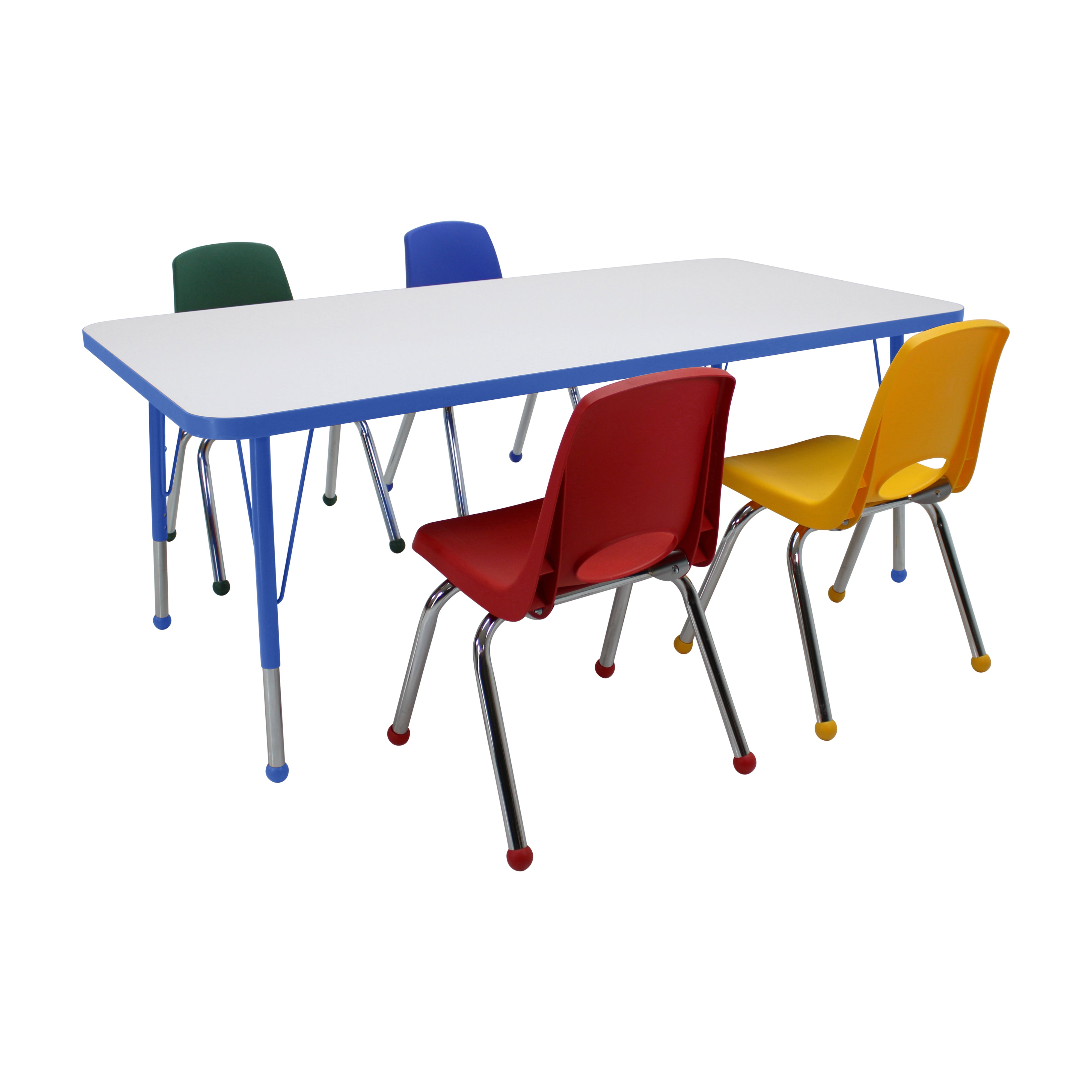 30" x 60" Rectangle Dry-Erase Activity Table with Standard Legs and 14" Stack Chairs with Ball Glides, 5-Piece Set - Whiteboard/Blue/Assorted