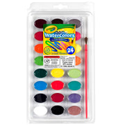 Washable Watercolor Pans with Plastic Handled Brush, 24 Colors