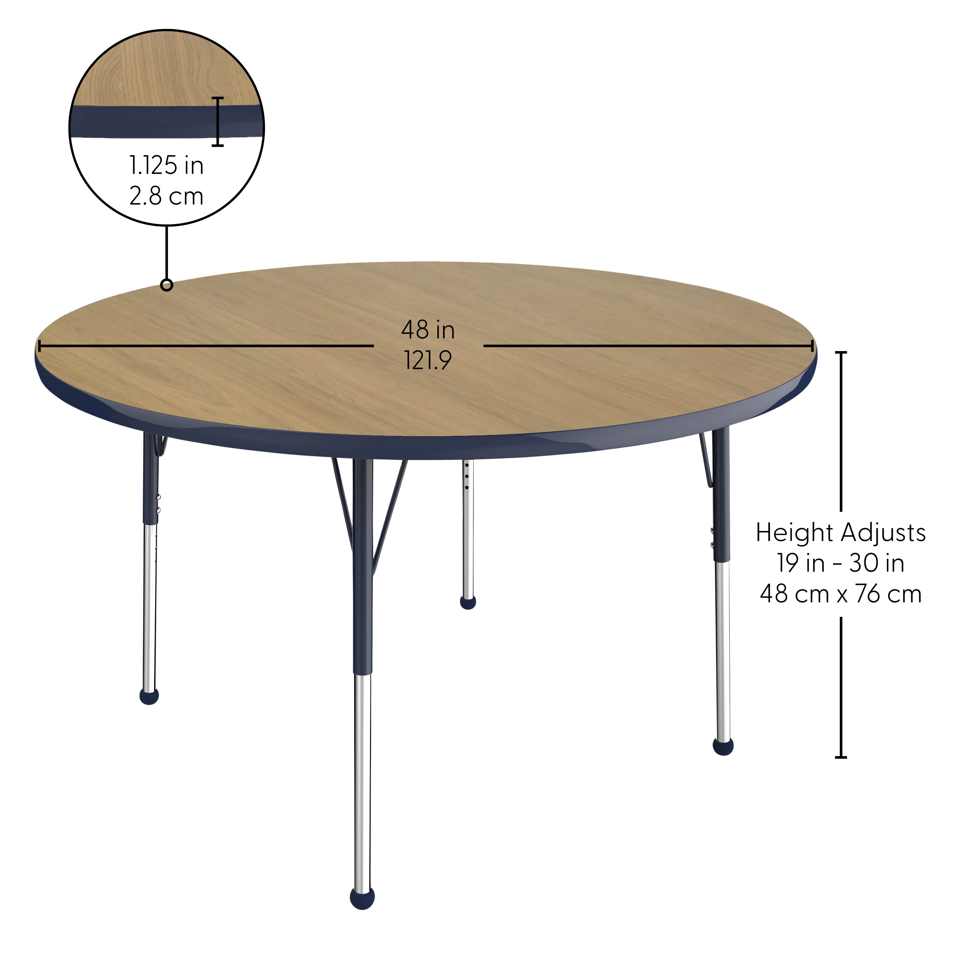 48" Round Thermofused Activity Table with Adjustable Standard Ball Glide Legs - Pasadena Oak/Navy
