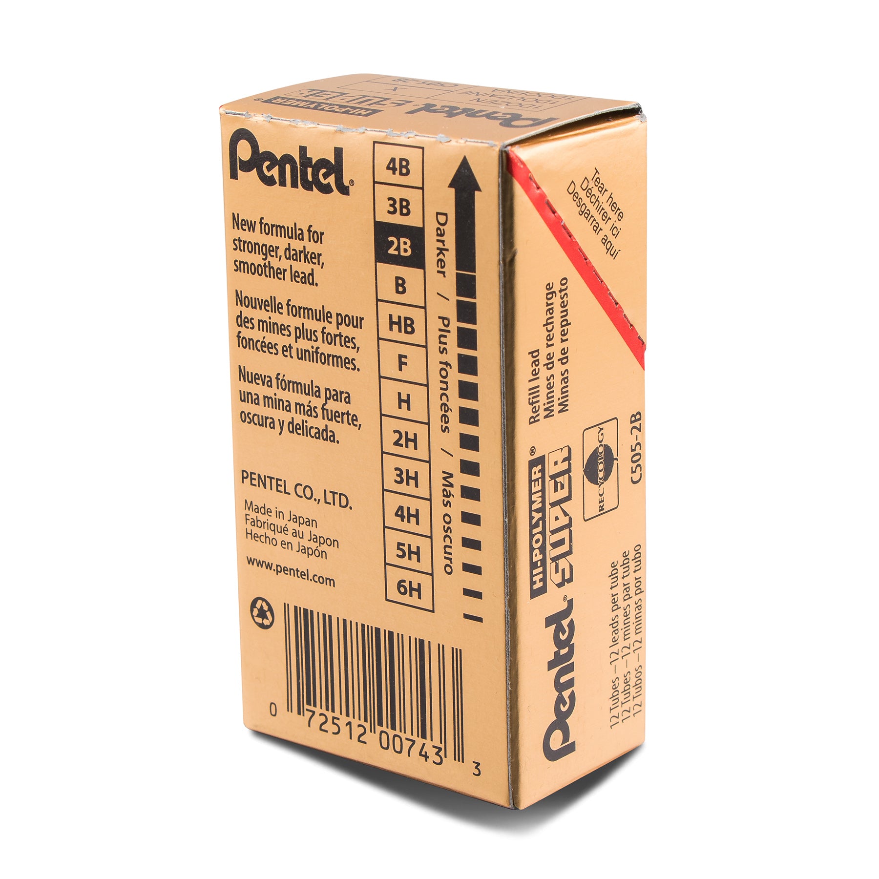 Super Hi-Polymer Lead Refill (0.5mm) Fine, 2B, 12 Pieces/Tube, 12 Tubes/Box