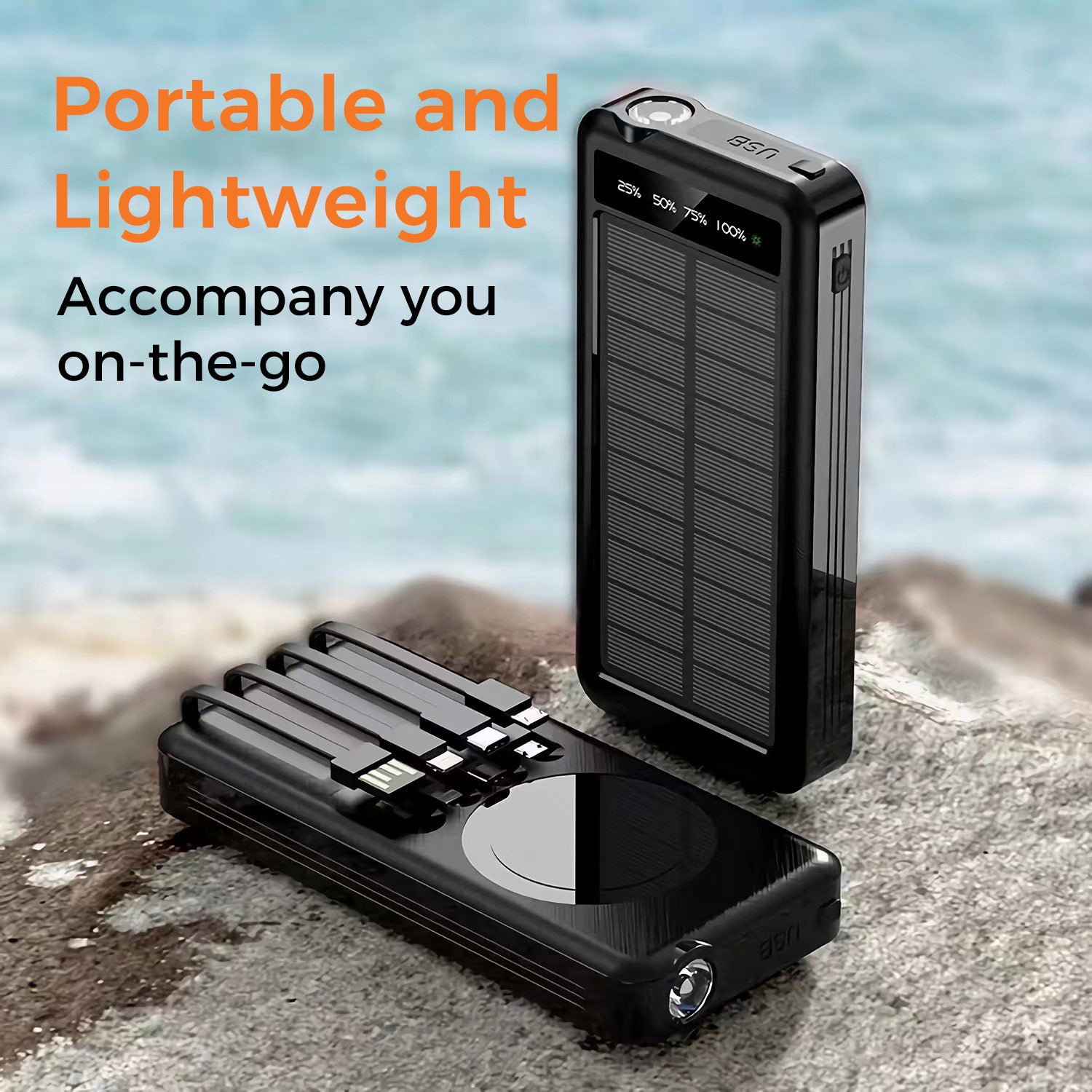10000mAh Solar Power Bank with Wireless Charging and Built-in Cables, Black