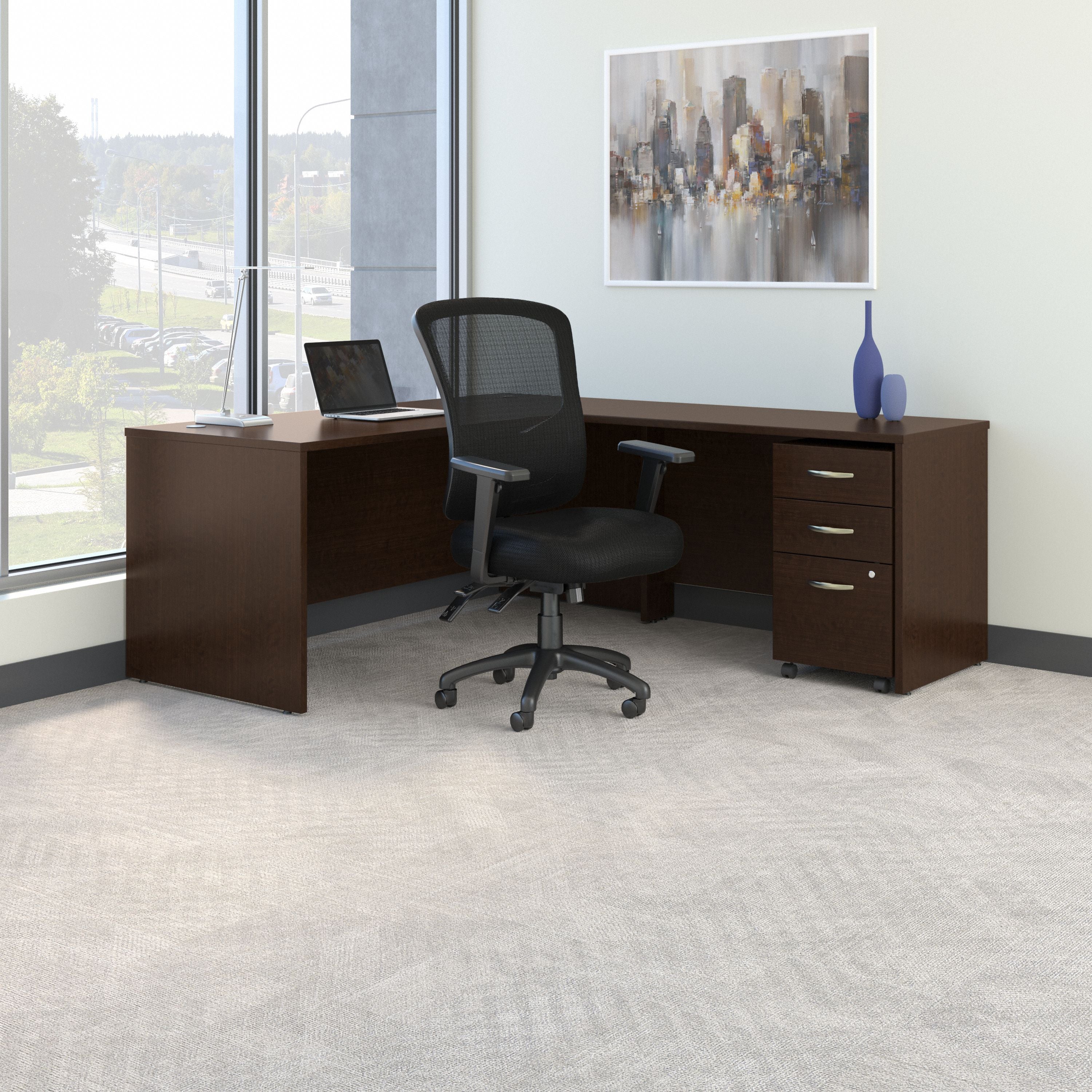 Bush Business Furniture Series C 72W L Shaped Desk with Mobile File Cabinet and High Back Multifunction Office Chair in Mocha Cherry - 71.1" Width x 77.05" Depth x 43.9" Height