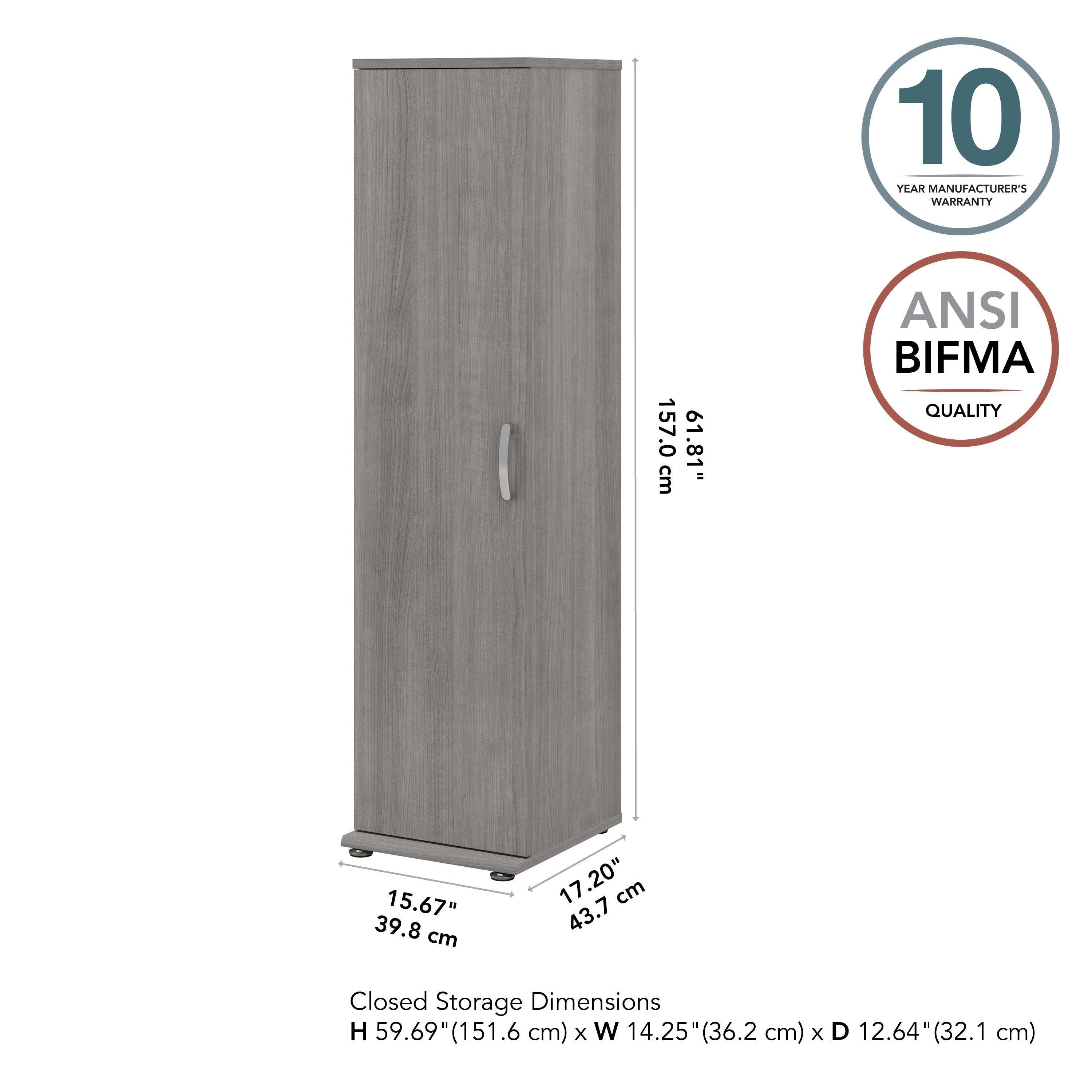 Bush Business Furniture Universal Tall Narrow Storage Cabinet with Door and Shelves in Platinum Gray - 15.67" Width x 17.2" Depth x 61.81" Height