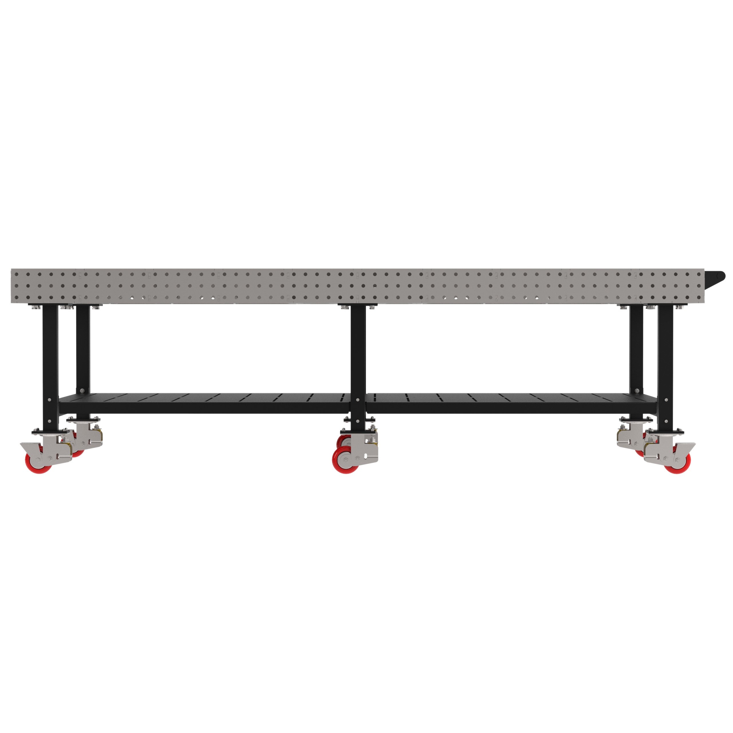 Welding Fixture Table, Fixed Height, 36"H x 120"L x 60"D, 1/4" Carbon Steel Top, Six Black Powdercoat Legs, Shelf, Handle, 6 Heavy Duty Suspension Casters (4 Locking/Swiveling Casters and 2 Non-Locking/Non-SwivelingCasters)