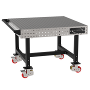 Welding Fixture Table, Fixed Height, 36"H x 48"L x 48"D, 1/4" Carbon Steel Top, Four Black Powdercoat Legs, Handle, 4 Heavy Duty Suspension Casters (2 Locking/Swiveling Casters and 2 Non-Locking/Non-SwivelingCasters)