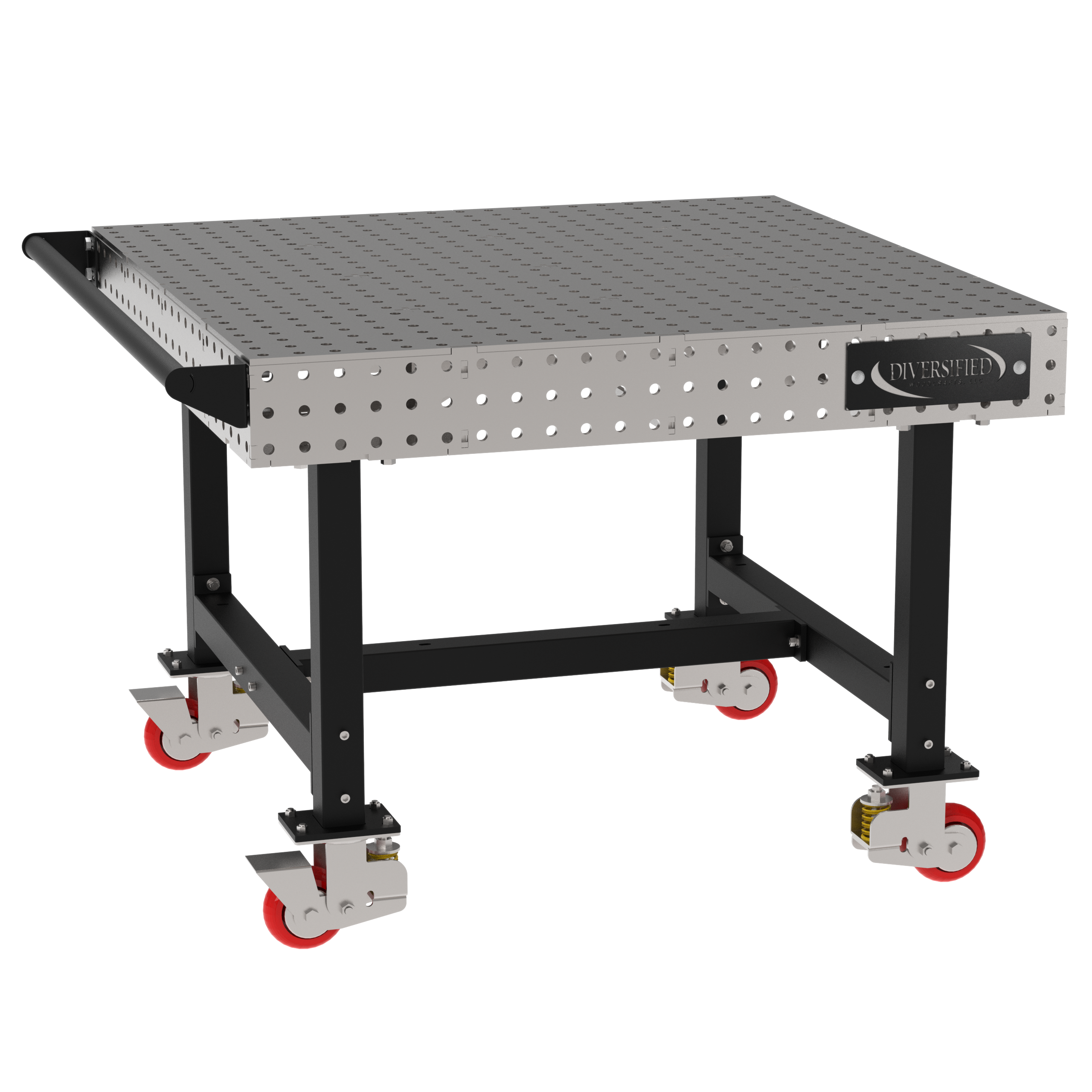 Welding Fixture Table, Fixed Height, 36"H x 48"L x 48"D, 1/4" Carbon Steel Top, Four Black Powdercoat Legs, Handle, 4 Heavy Duty Suspension Casters (2 Locking/Swiveling Casters and 2 Non-Locking/Non-SwivelingCasters)