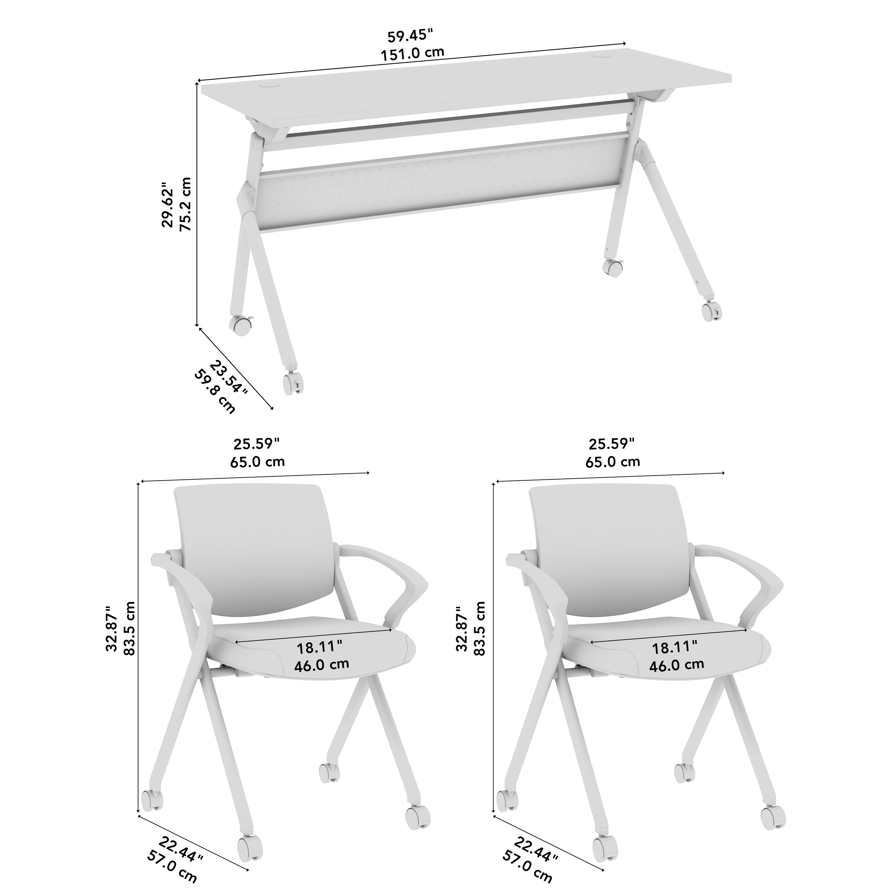 Bush Business Furniture Envision 60W Folding Training Table and 2 Folding Chairs with Arms in White - 59.45" Width x 23.54" Depth x 32.87" Height