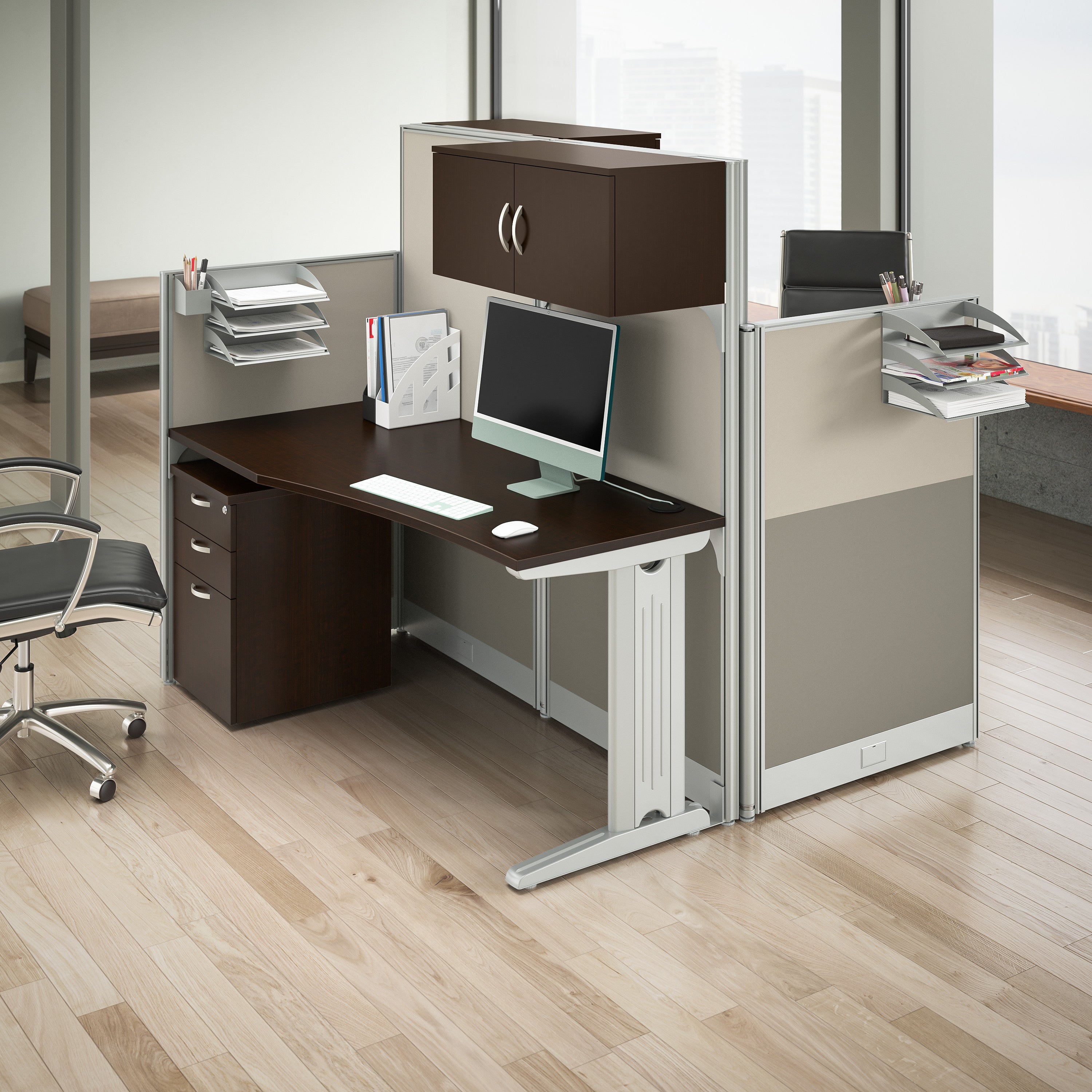 Bush Business Furniture Office in an Hour 2 Person Straight Cubicle Desks with Storage, Drawers, and Organizers in Mocha Cherry - 128.98" Width x 32.24" Depth x 62.87" Height