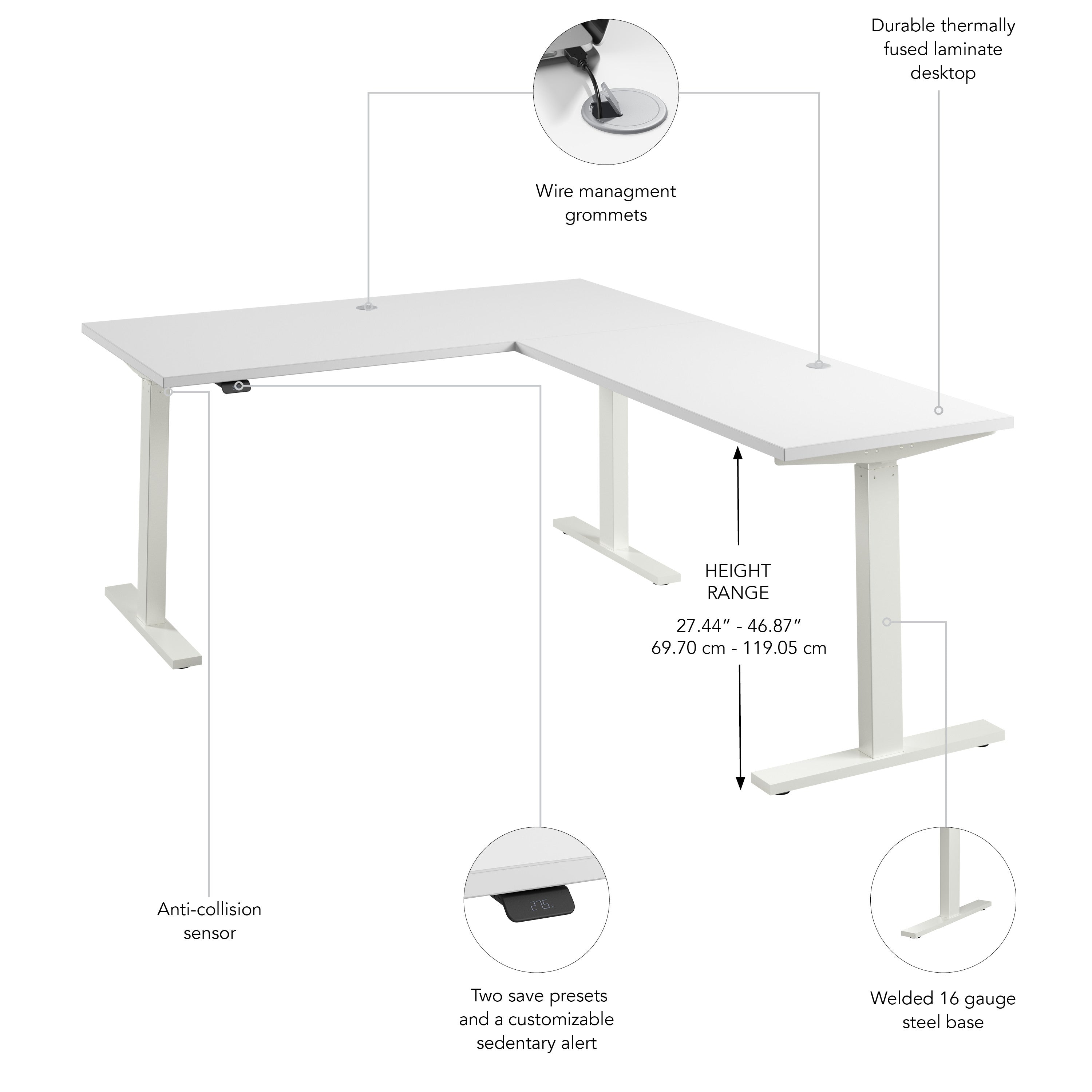 Bush Business Furniture Move 60 Series 60W Height Adjustable L Shaped Standing Desk in White with White Base - 59.45" Width x 76.97" Depth x 27.44" Height