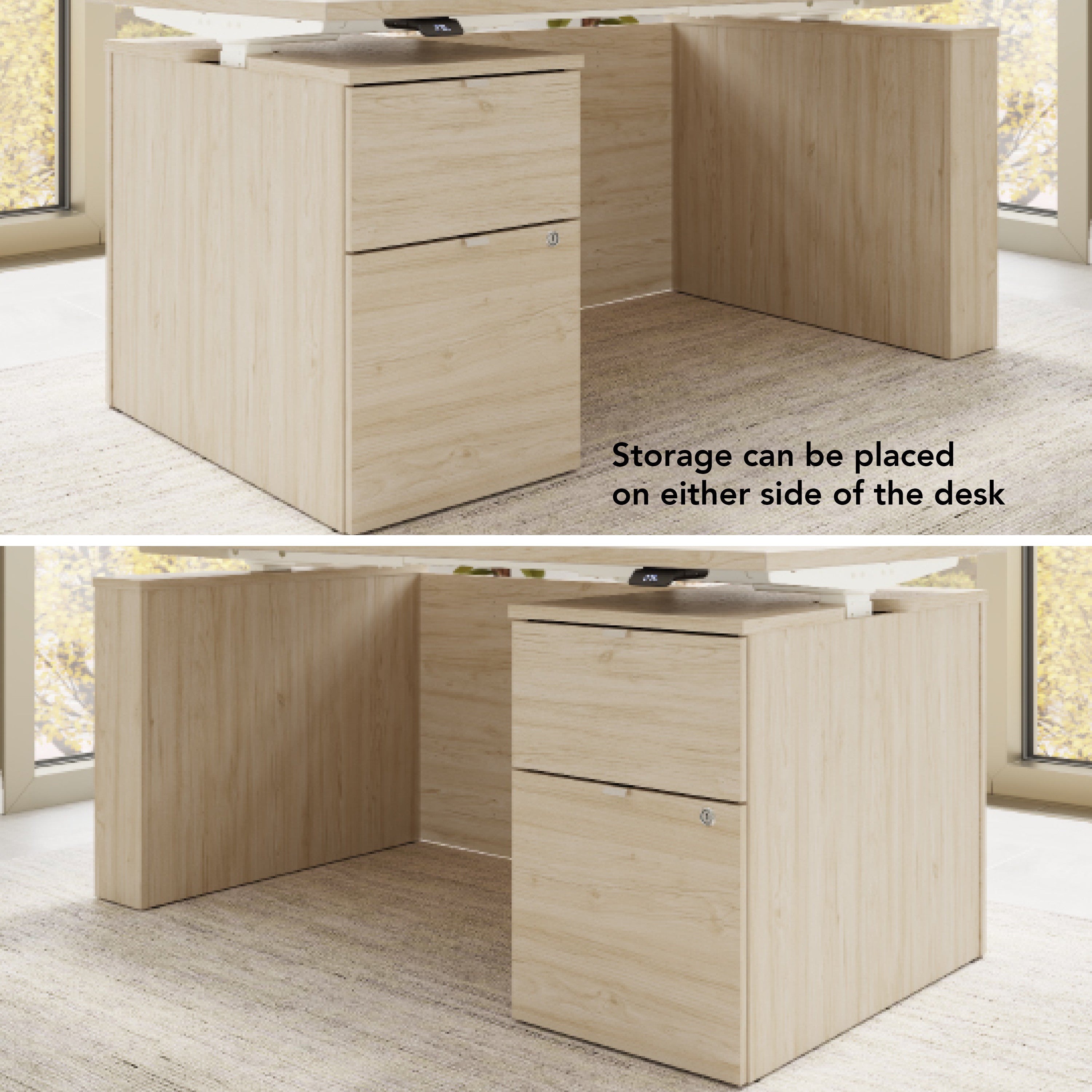 Bush Business Furniture Stratus&nbsp;60W x&nbsp;30D Eletric Height Adjustable Standing Desk with File Cabinet in Natural Elm with White Base - 59.45" Width x 29.37" Depth x 27.44" Height