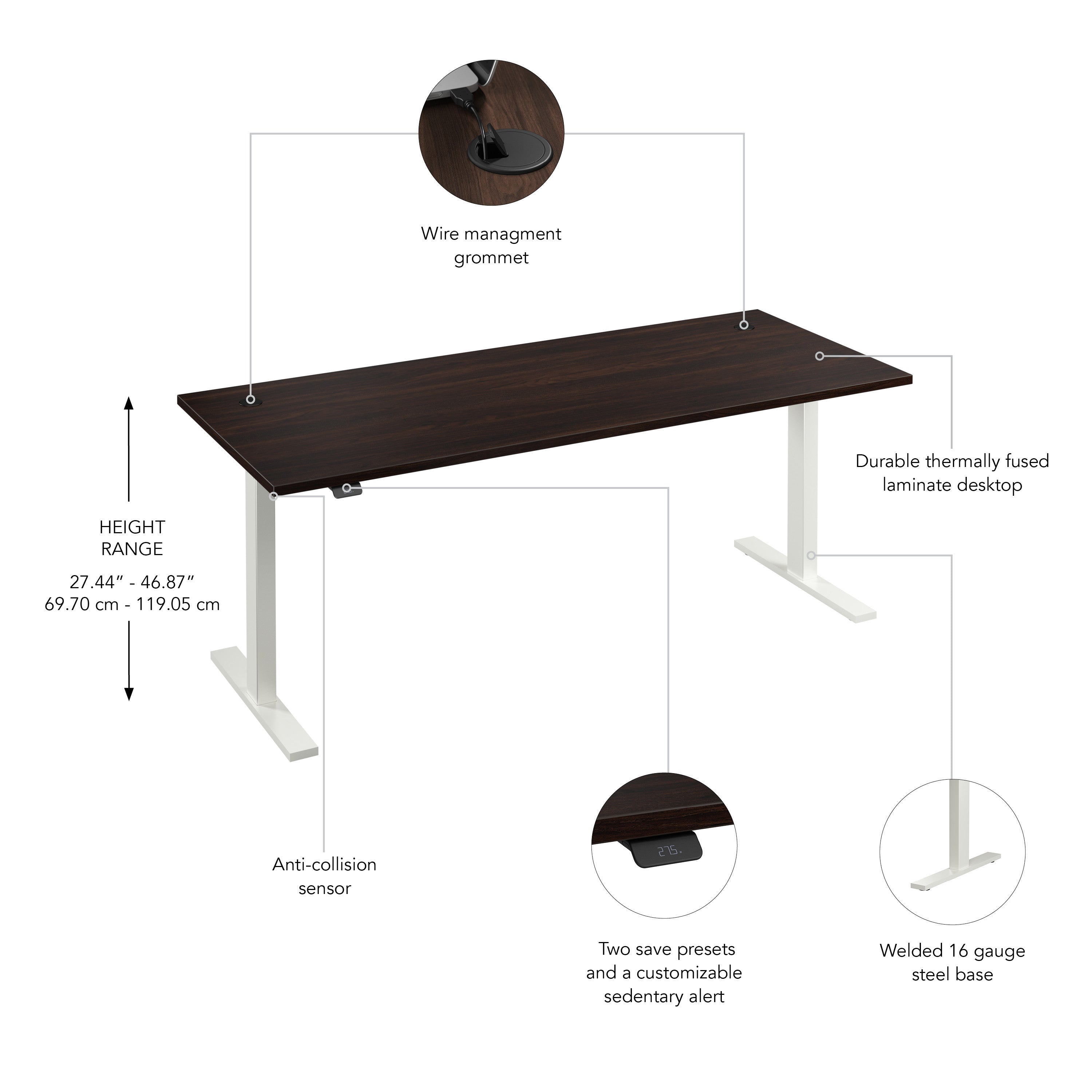 Bush Business Furniture Move 60 Series 72W x 30D Electric Height Adjustable Standing Desk in Black Walnut with White Base - 71.02" Width x 29.37" Depth x 27.44" Height