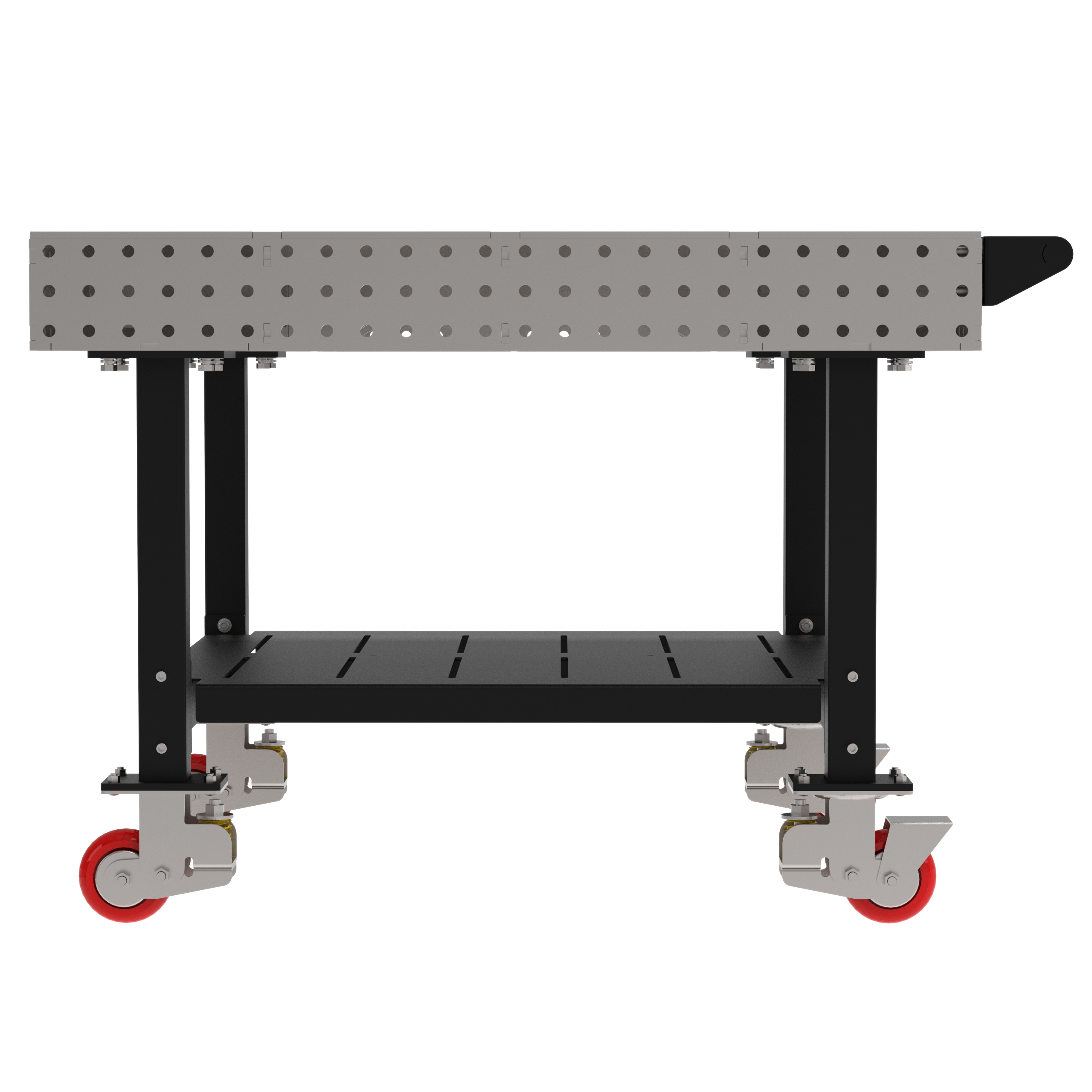 Welding Fixture Table, Fixed Height, 36"H x 48"L x 48"D, 1/4" Carbon Steel Top, Four Black Powdercoat Legs, Shelf, Handle, 4 Heavy Duty Suspension Casters (2 Locking/Swiveling Casters and 2 Non-Locking/Non-SwivelingCasters)