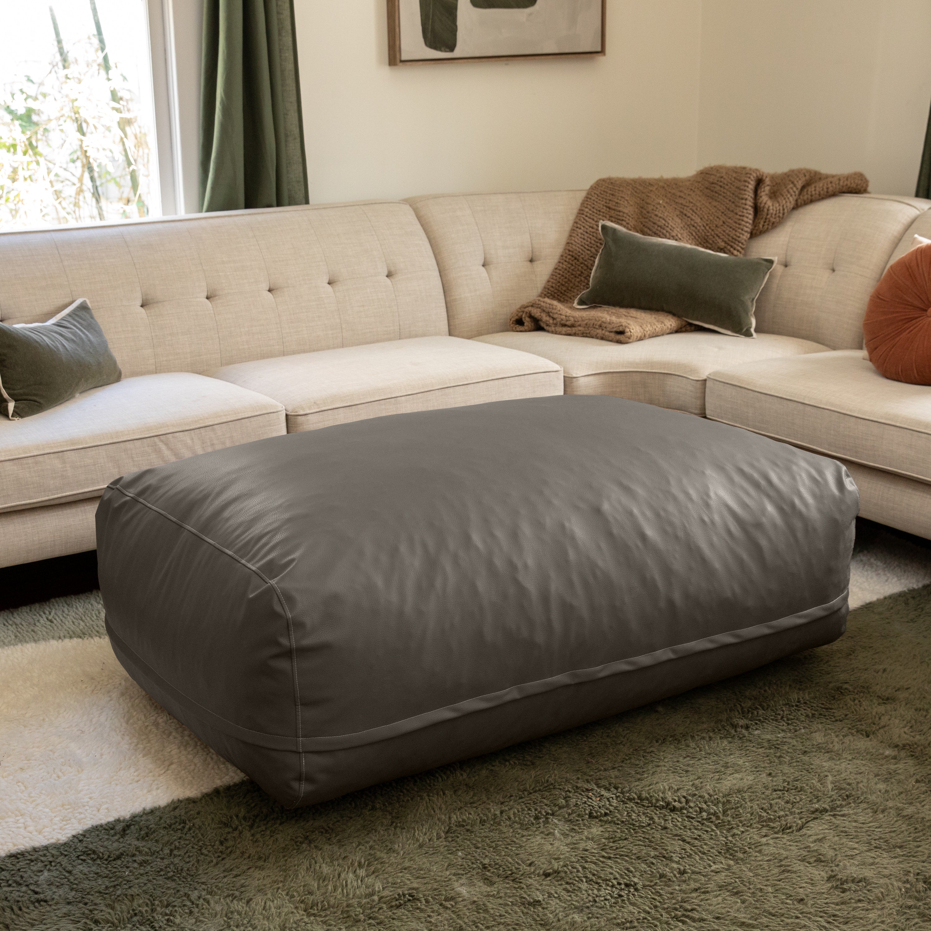 Atrium Collection Lino Ottoman - Oversized Large Couch Ottoman & Foam-Filled Lounger - Faux Leather - Gun Metal