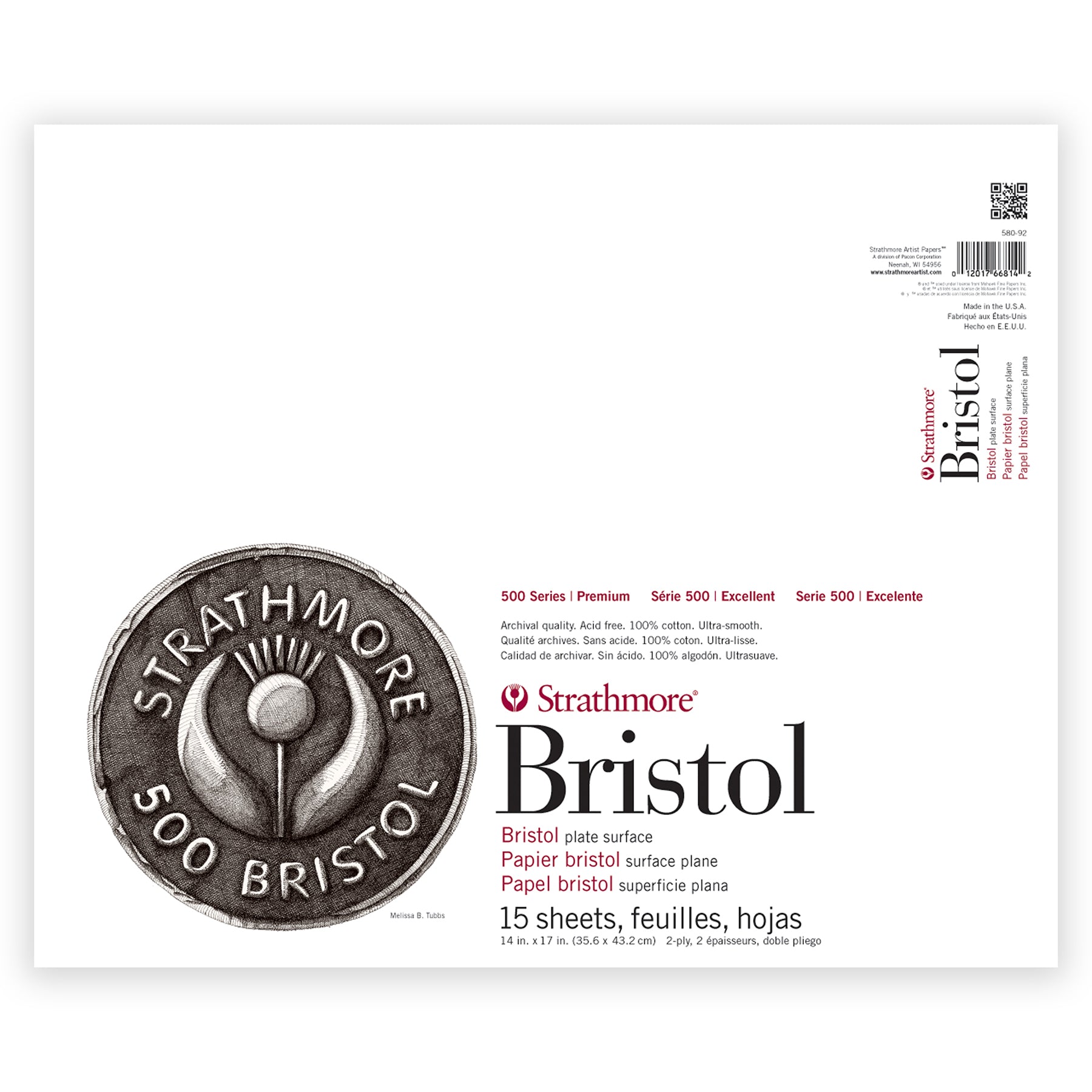 500 Series Bristol Paper Pad, 2-Ply, Plate Finish, 15 Sheet, 14x17 inch, 1 Count