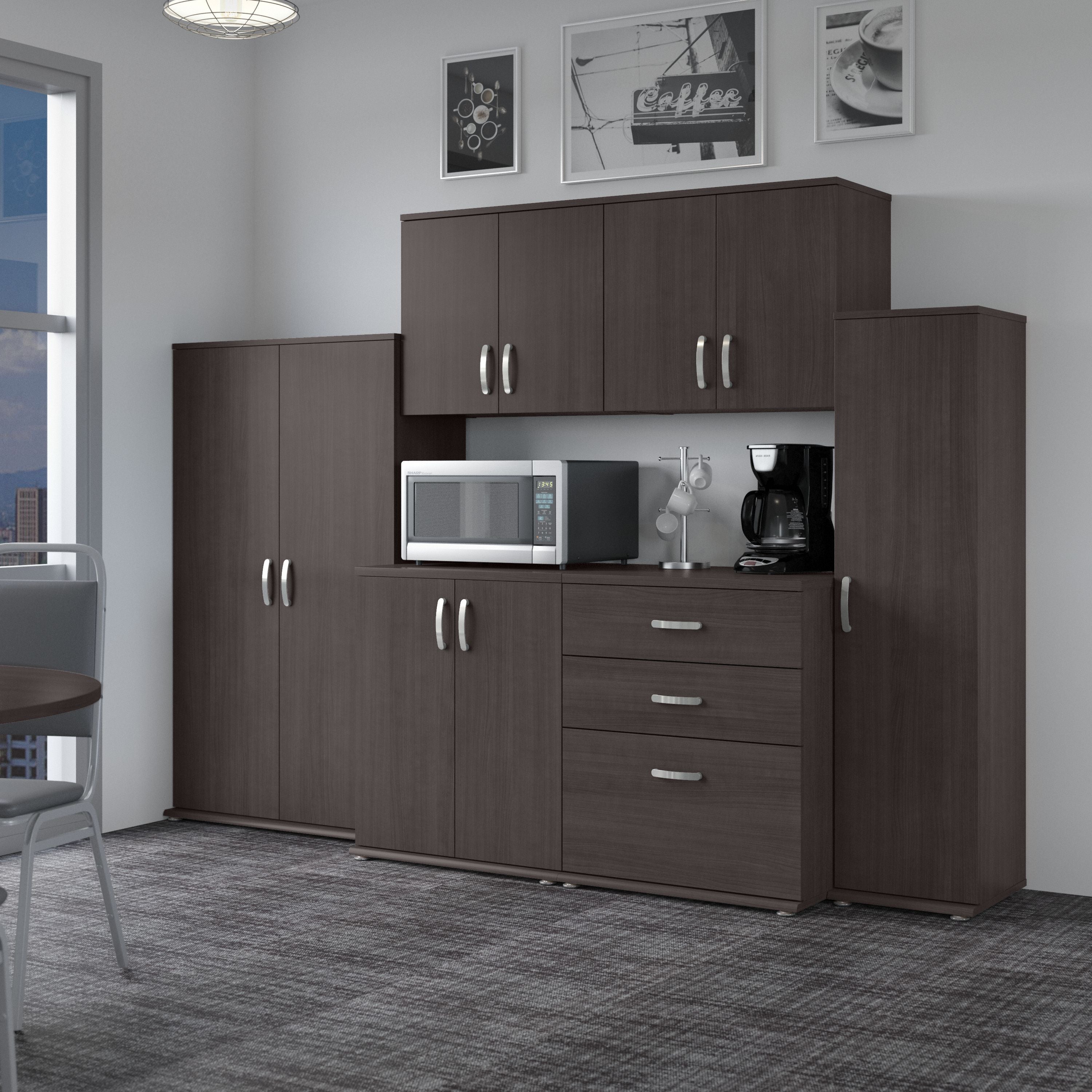 Bush Business Furniture Universal 108W 6 Piece Modular Storage Set with Floor and Wall Cabinets in Storm Gray - 108.08" Width x 24.69" Depth x 61.81" Height