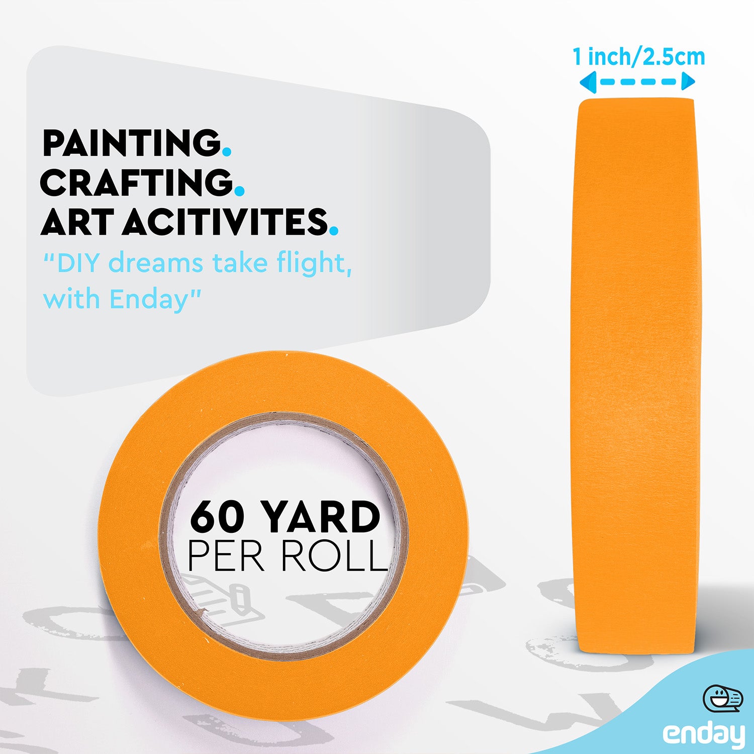 Masking Tape, 1" x 60 Yards, Orange, Pack of 6