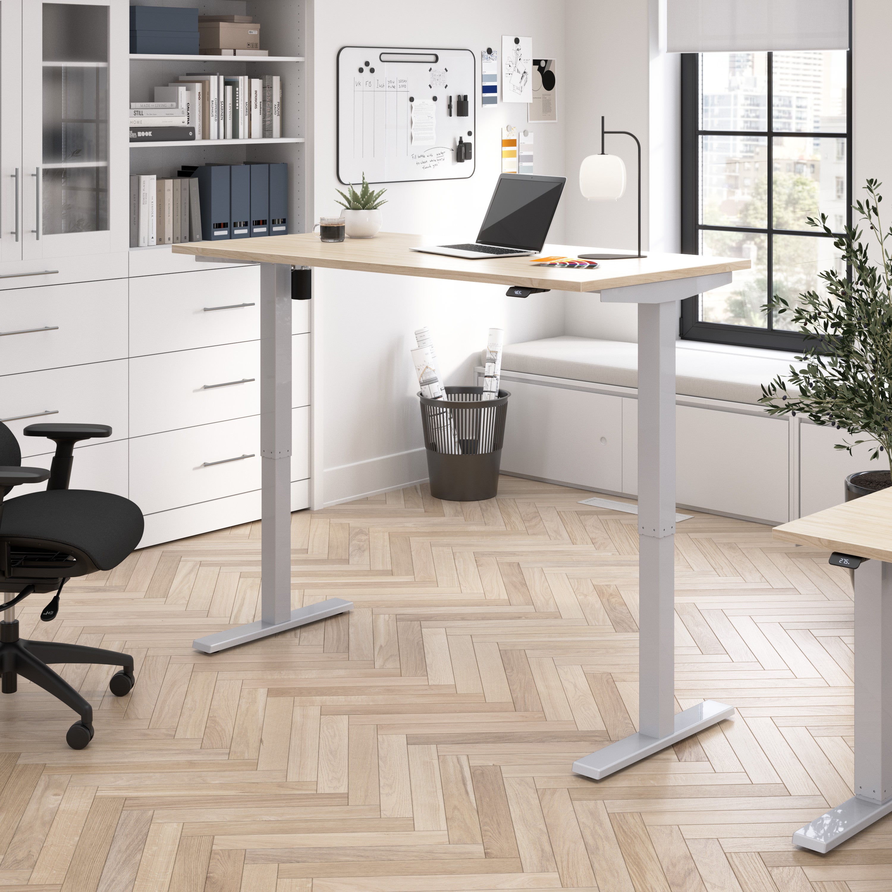 Bush Business Furniture Move 40 Series 60W x 30D Electric Height Adjustable Standing Desk in Natural Elm with Metallic Gray Base - 59.45" Width x 29.37" Depth x 28.17" Height
