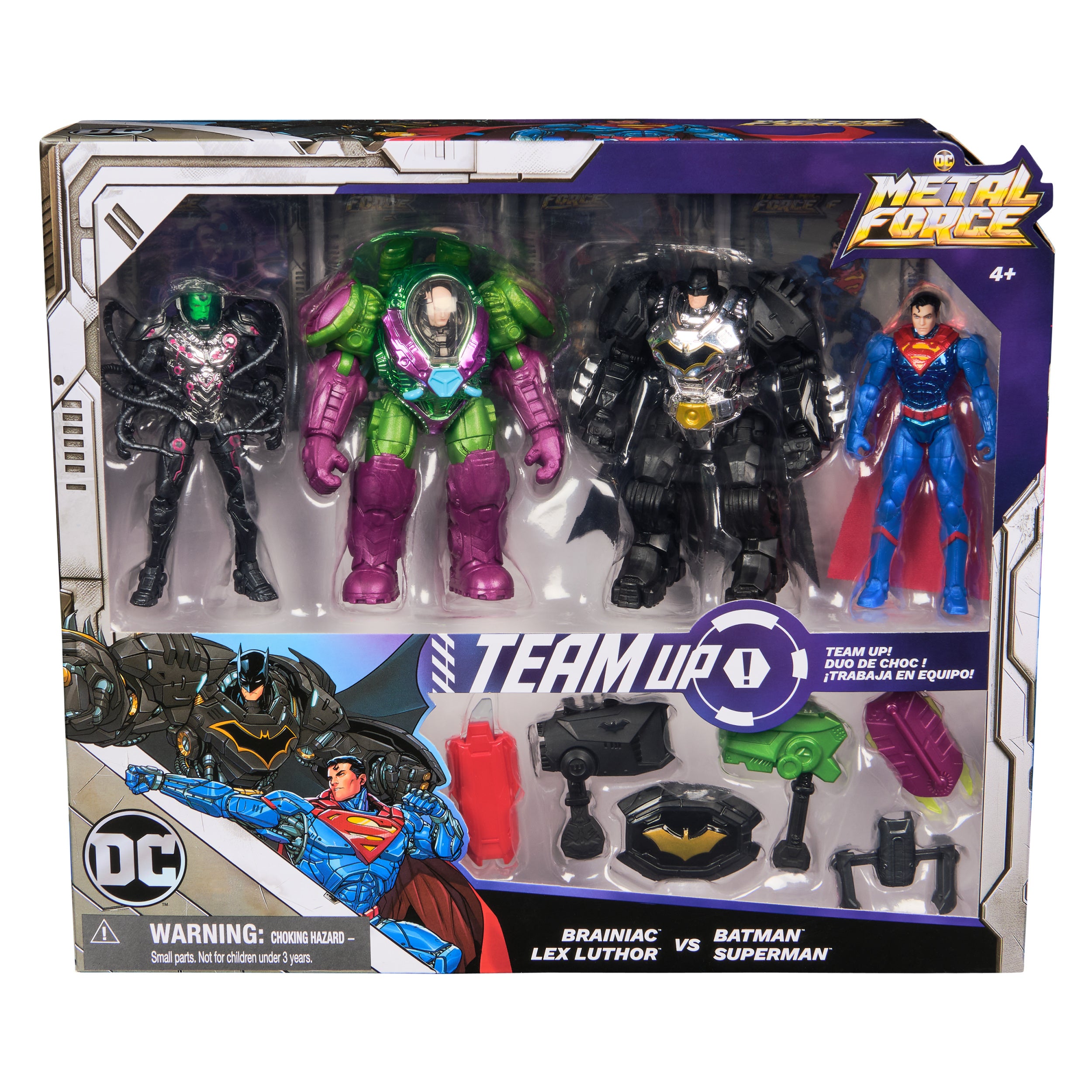 DC Comics, Metal Force Team Up Brainiac and Lex Luthor vs Batman and Superman Set, 4-Inch Action Figures with Exclusive Accessories, Includes Character Cards, Kids Toys of Boys Ages 4 and Up