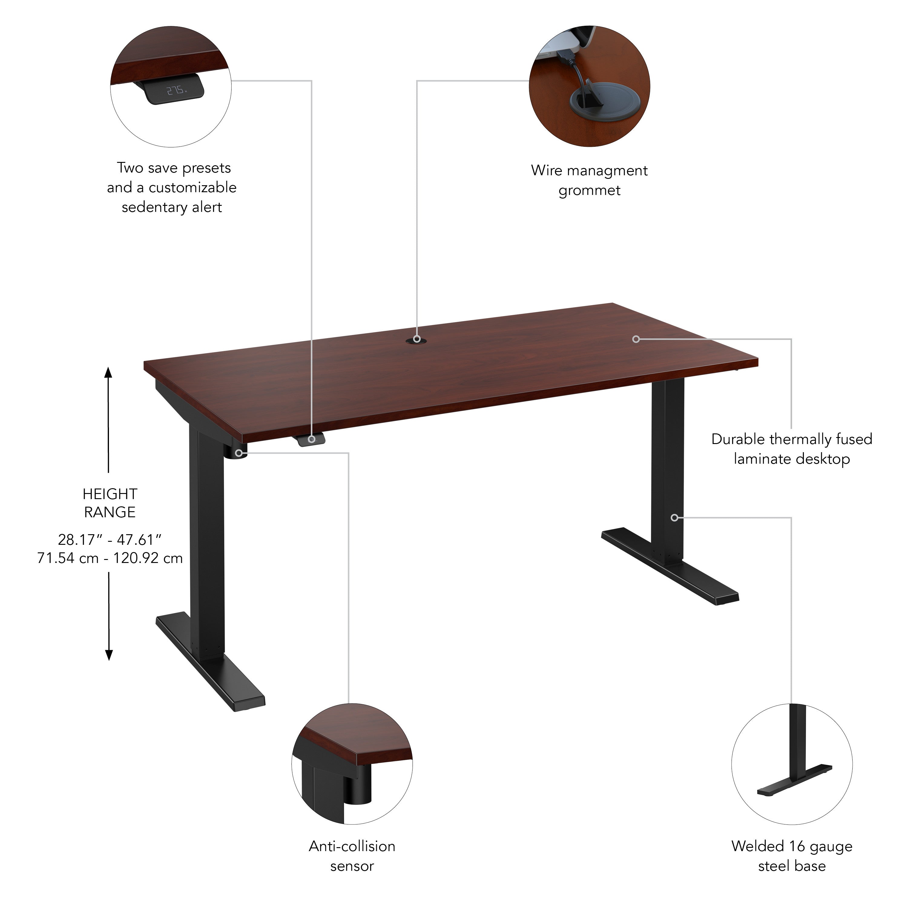 Bush Business Furniture Move 40 Series 60W x 30D Electric Height Adjustable Standing Desk in Hansen Cherry with Black Base - 59.45" Width x 29.37" Depth x 28.17" Height