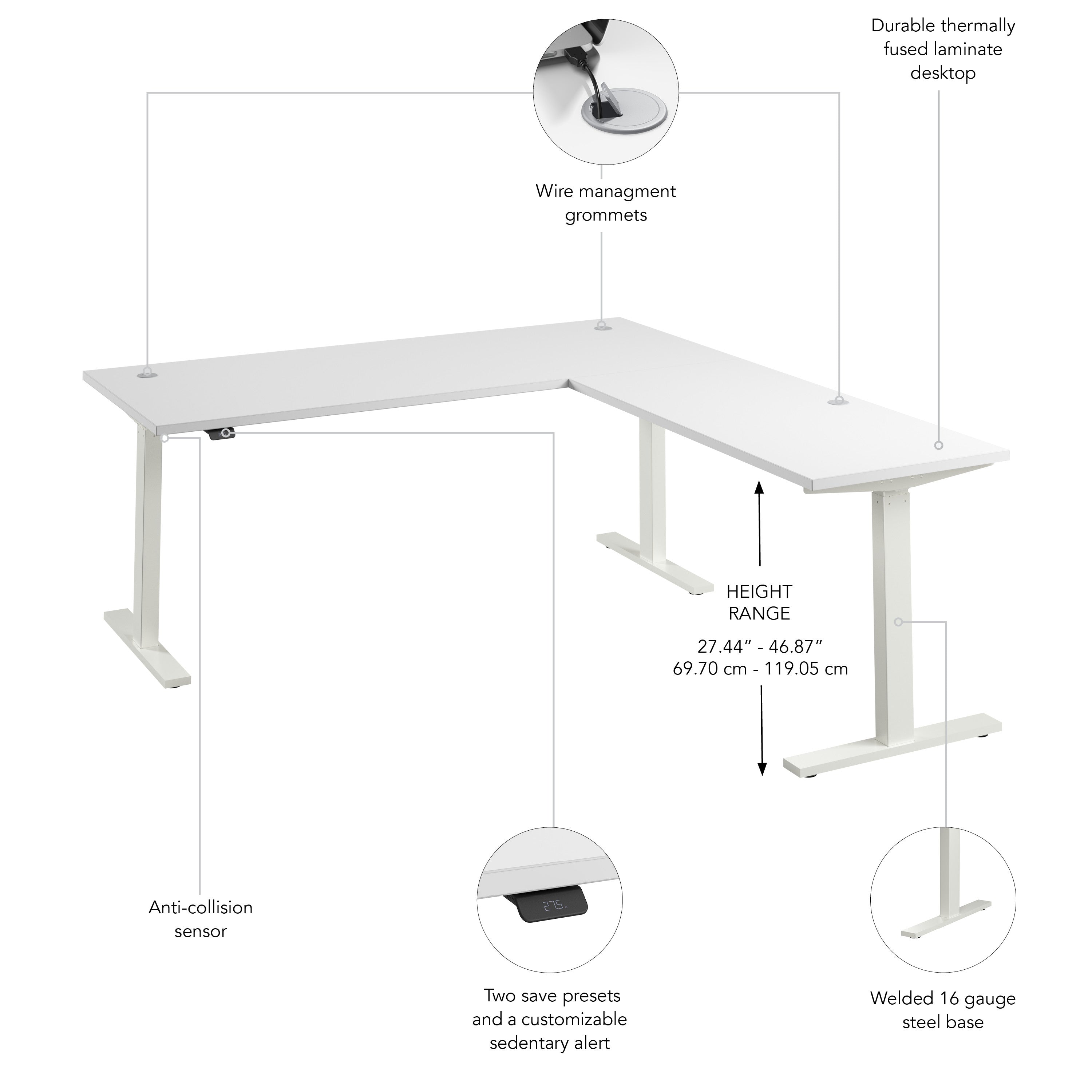 Bush Business Furniture Move 60 Series 72W Height Adjustable L Shaped Standing Desk in White with White Base - 71.02" Width x 76.97" Depth x 27.44" Height