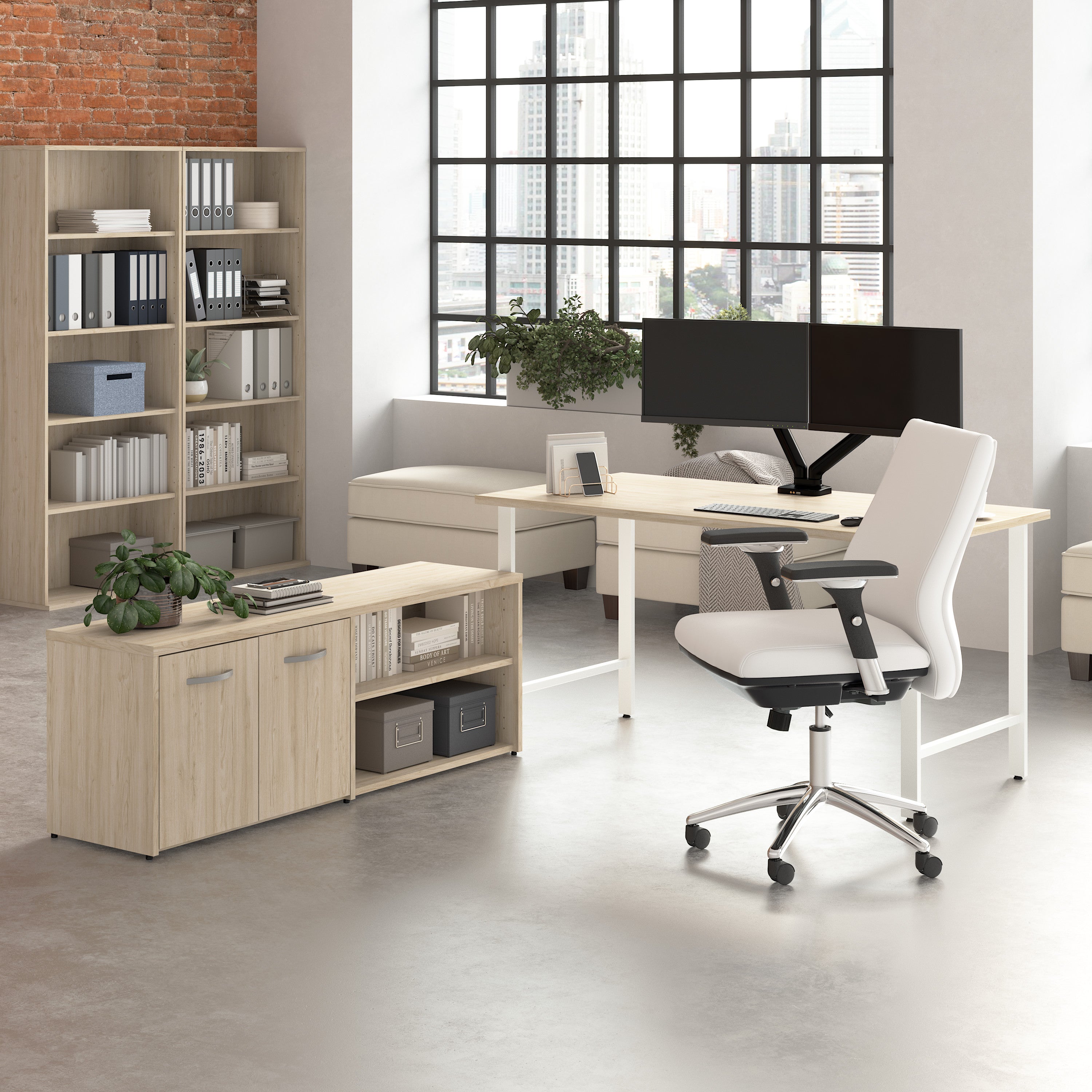 Bush Business Furniture Hustle 60W x 30D Computer Desk and Low Storage Cabinet with Doors and Shelves in Natural Elm - 59.44" Width x 88.54" Depth x 30.07" Height
