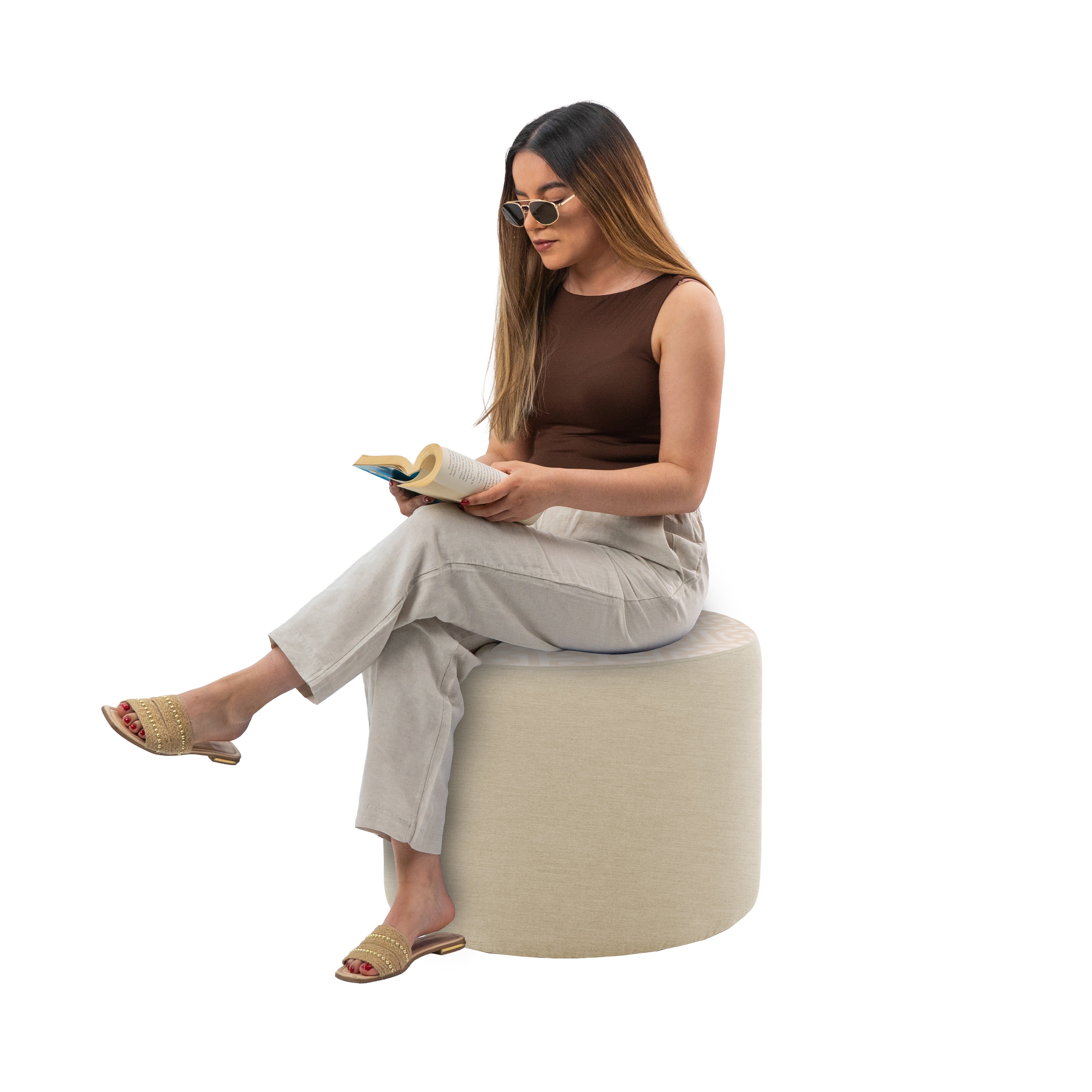Outdoor 24" Round Ottoman with Sunbrella, 18" H - Fretwork Flax/Spectrum Sand
