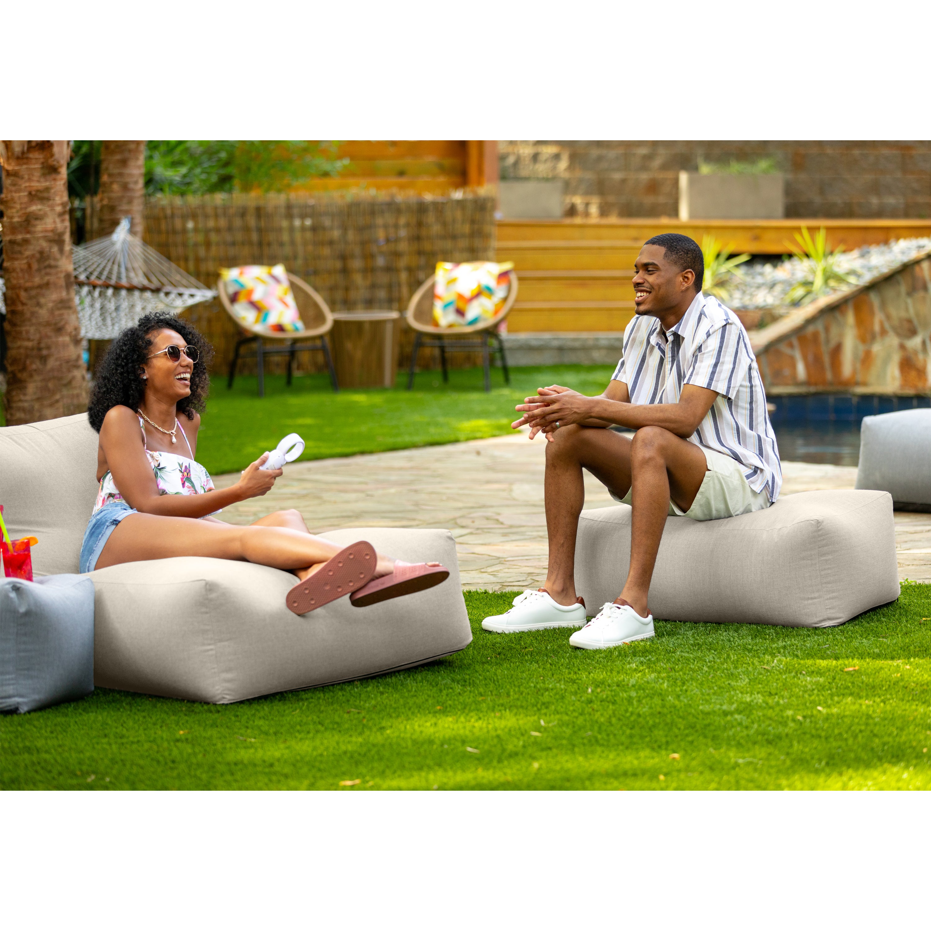 Coza Ottoman - Large Outdoor Pouf & Footrest - Sunbrella, Flax
