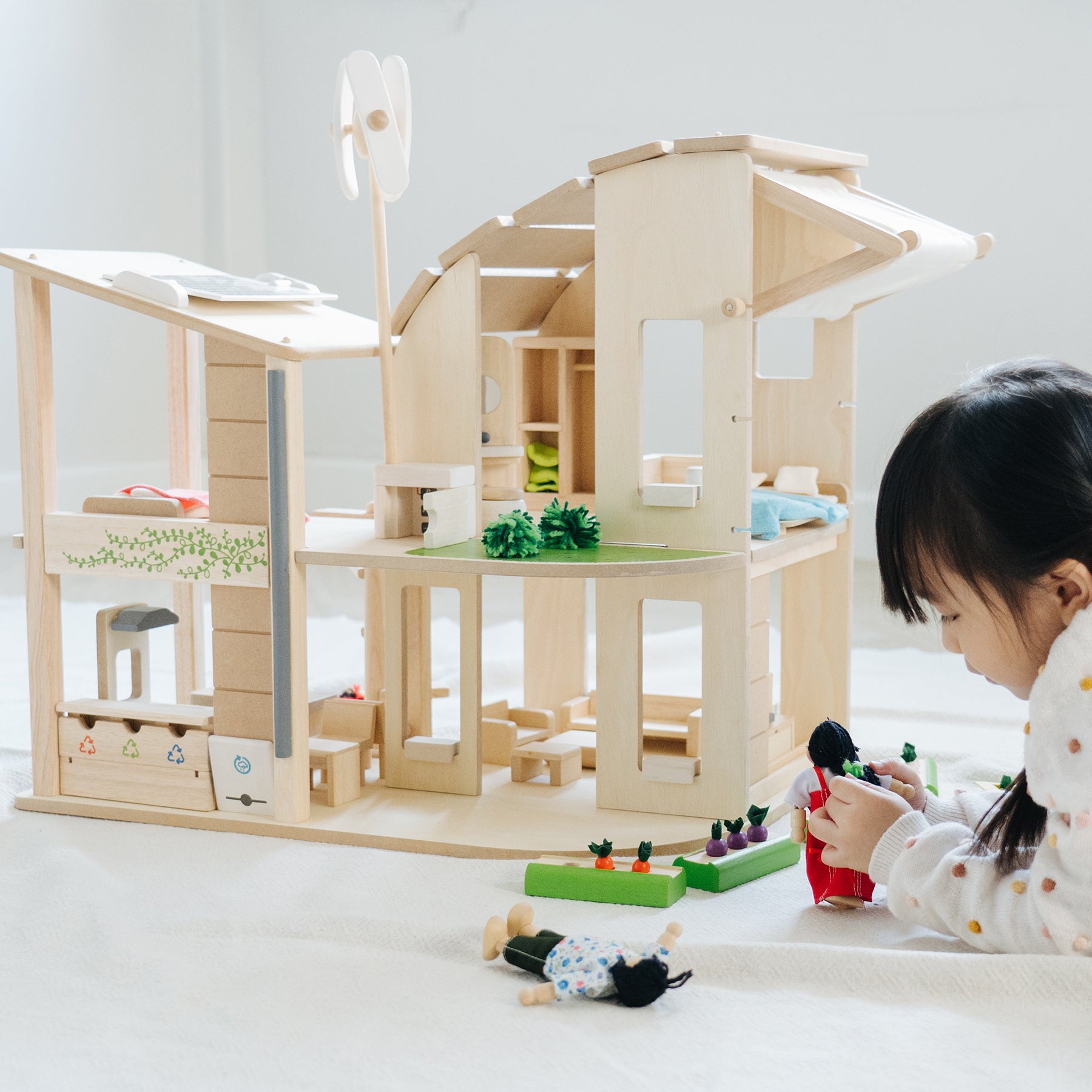 Green Wooden Dollhouse With Furniture