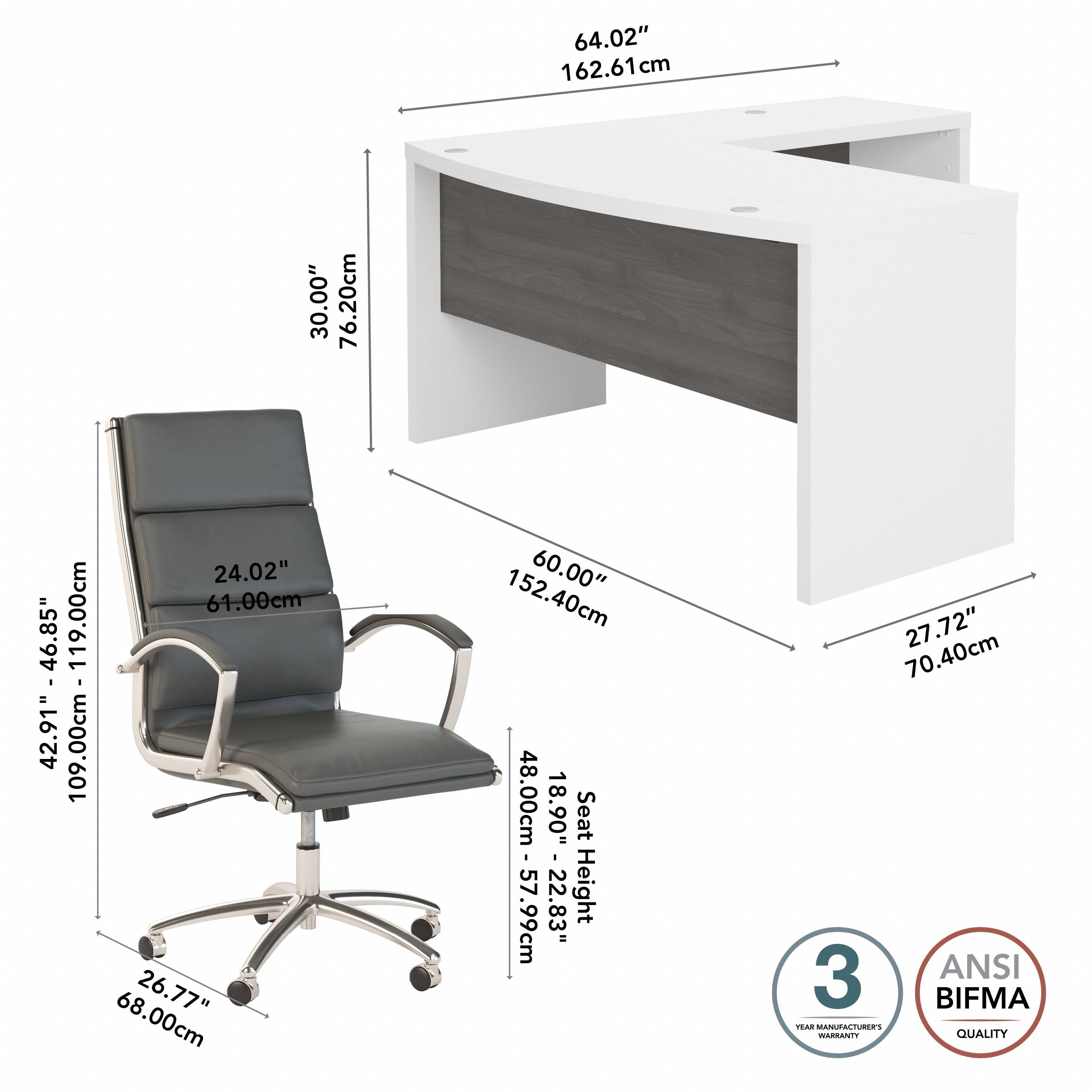 Bush Business Furniture Echo L Shaped Bow Front Desk with High Back Chair in Pure White and Modern Gray - 60" Width x 64.02" Depth x 42.91" Height
