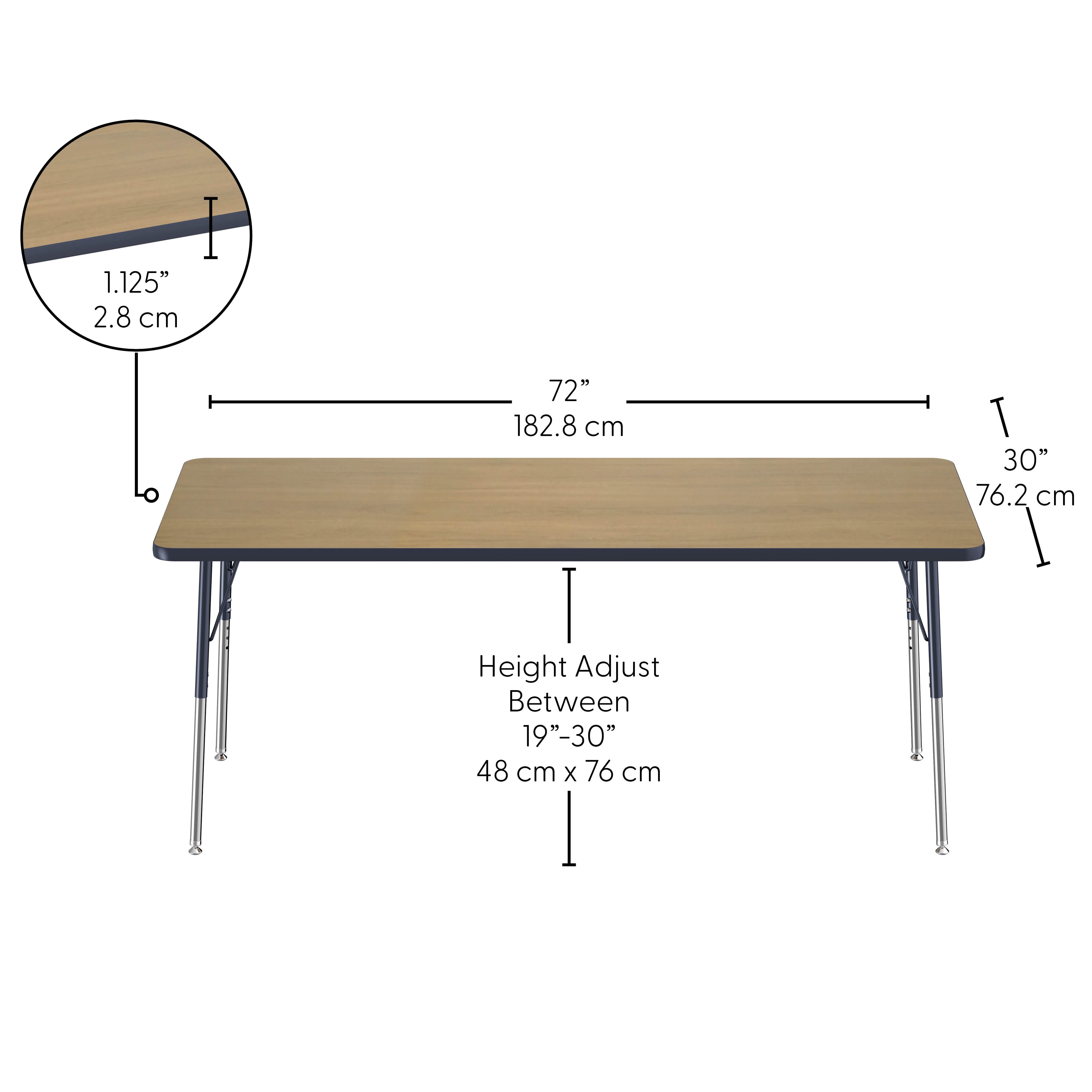 30" x 72" Rectangle T-Molding Activity Table with Adjustable Standard Swivel Glide Legs - Pasadena Oak/Navy