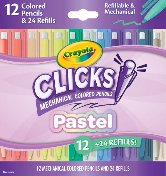 Crayola Clicks 2.0mm Mechanical Colored Pencil Set, 12 Pastel Colors, Coloring Pencils for Kids, No Sharpen, 24 Replacement Cores, Ages 5+