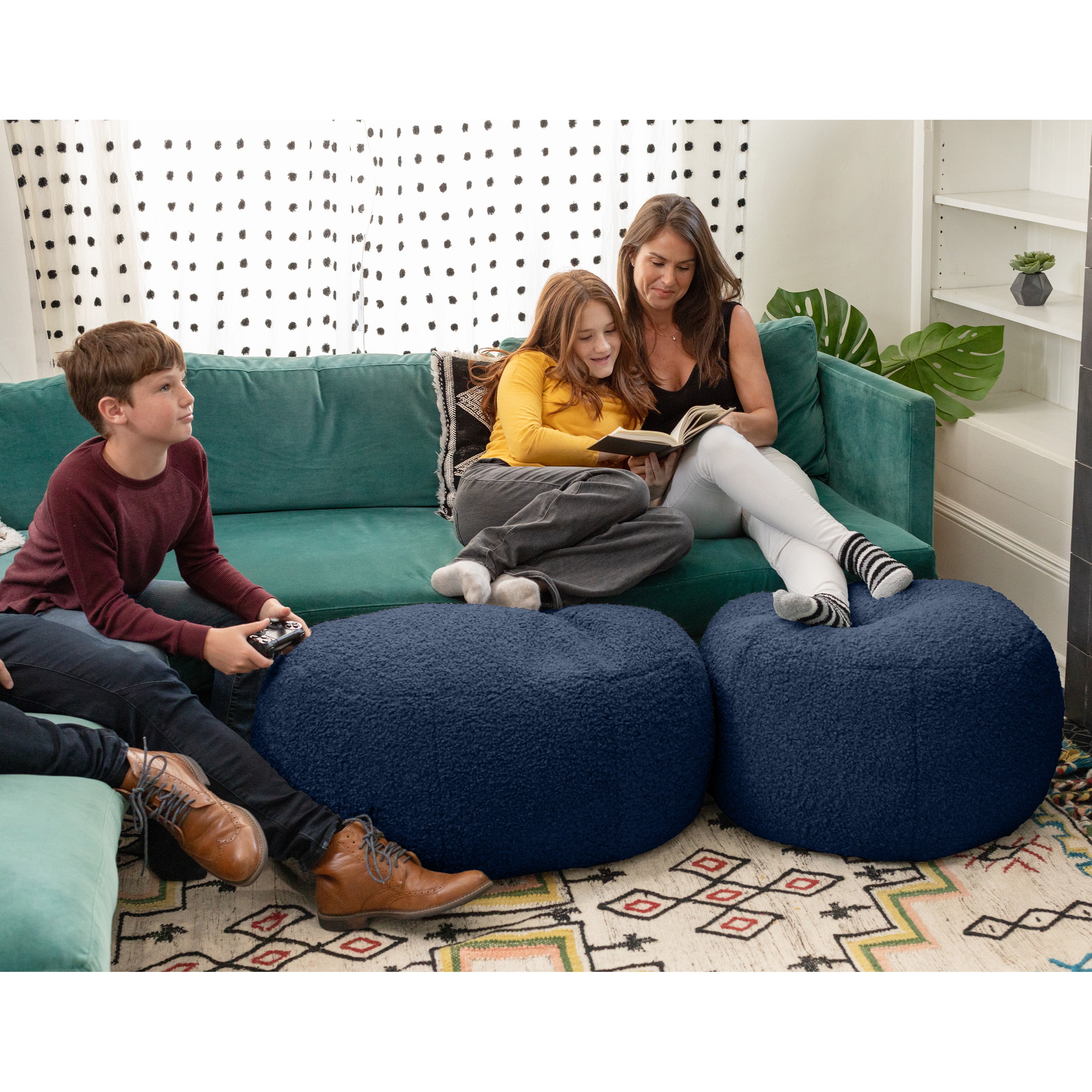 Jaxx Ellis Ottoman Shearling Faux-Lamb Plush Pouf for Modern Interior Design, Large, Indigo